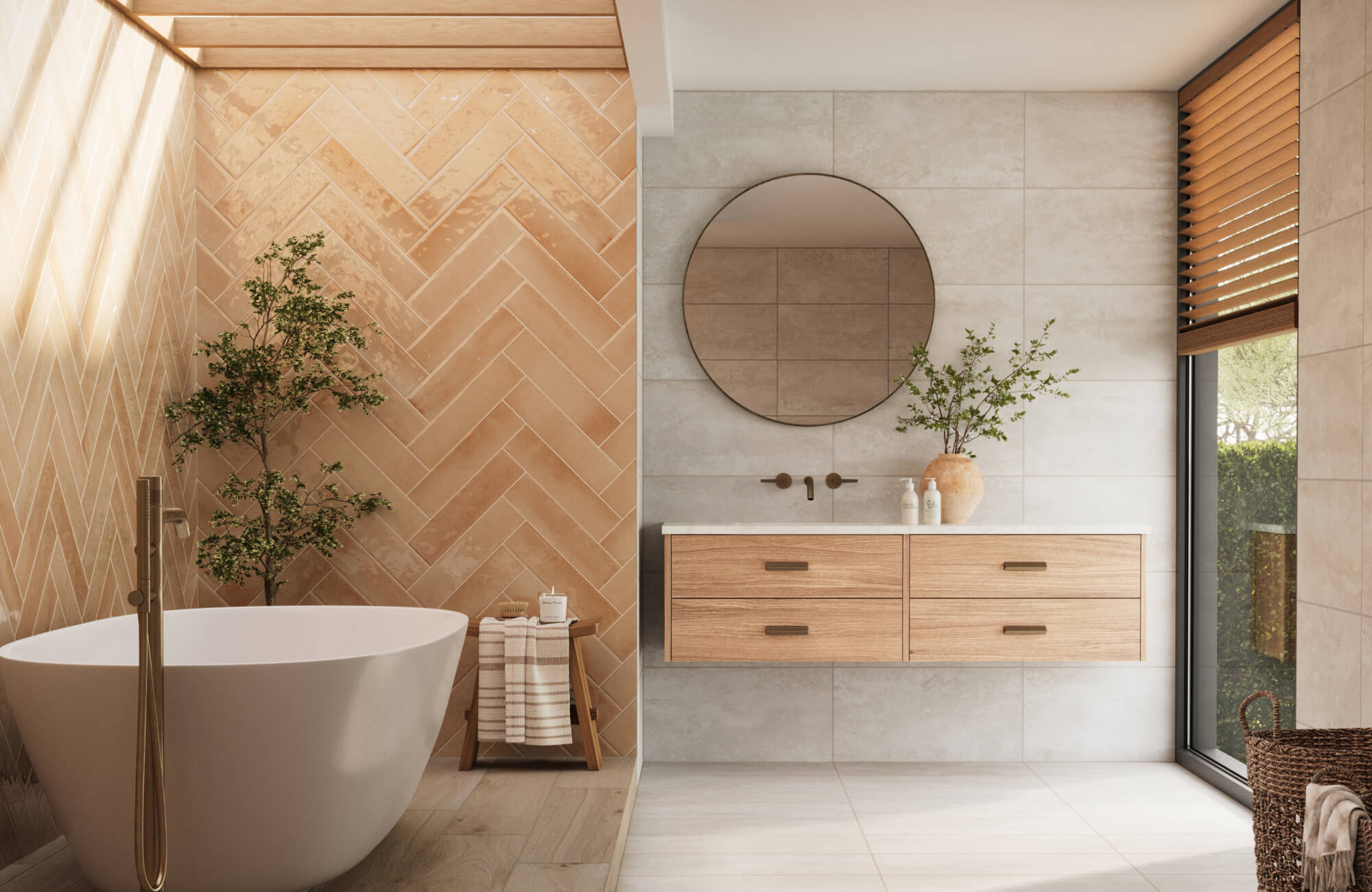 Serene bathroom with blush-toned subway tiles in a herringbone pattern, paired with light wood accents and a freestanding tub.