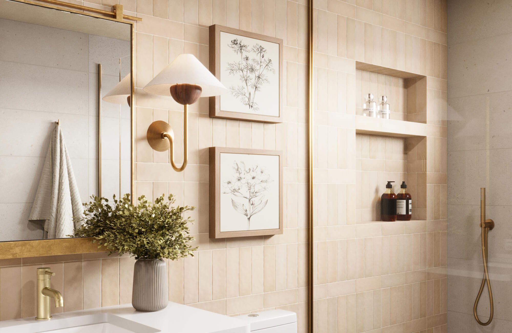 null Warm terracotta-toned bathroom tiles arranged in a mixed vertical and horizontal stack, paired with brass accents and soft decorative touches.