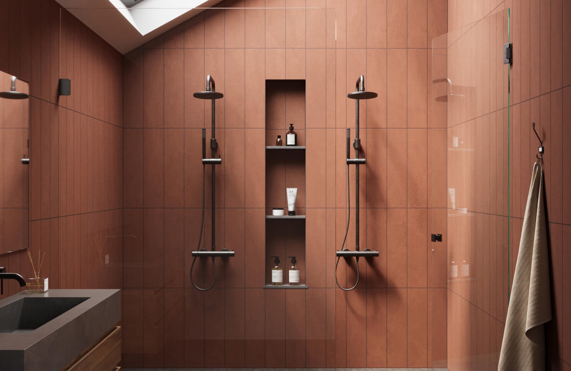 null Matte terracotta shower tiles with narrow vertical lines create a sleek, spa-like atmosphere, paired with dual black showerheads and built-in shelves.