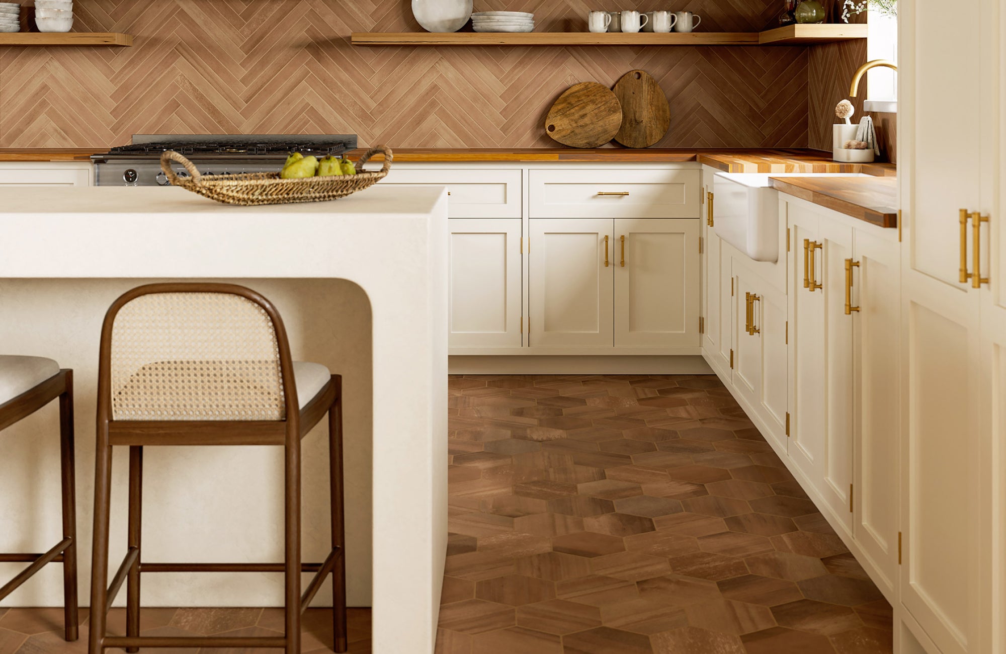 null Kitchen with hexagonal terracotta-look floor tiles, paired with white cabinets and wooden accents for a warm style.