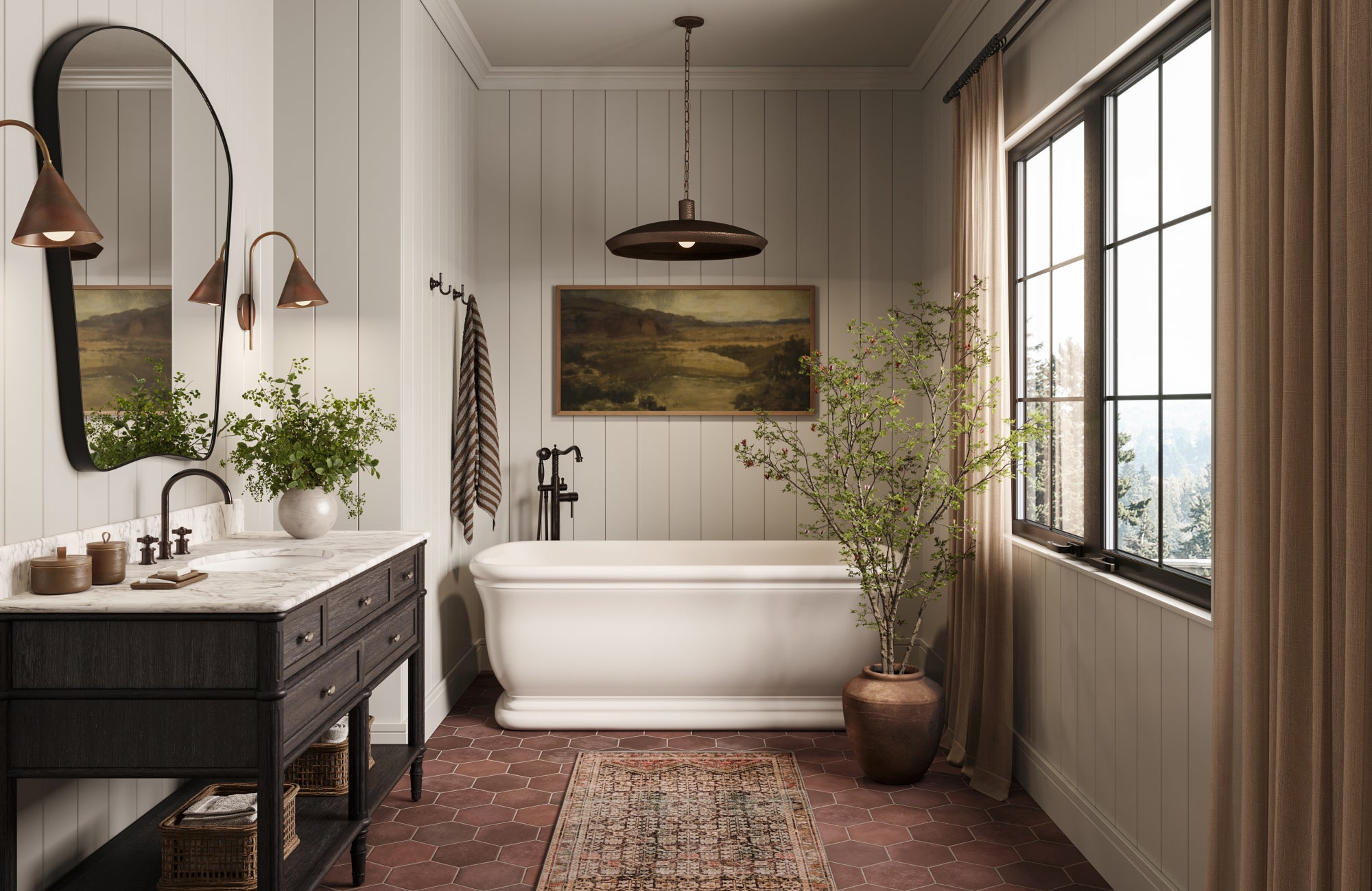 null Bathroom with hexagonal terracotta floor tiles, adding warmth to a neutral space with a freestanding white bathtub.