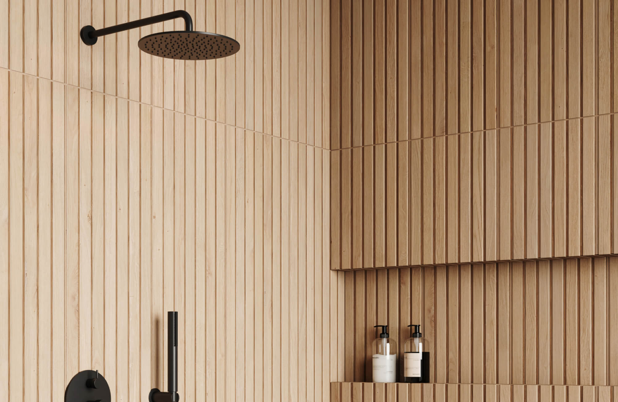 Minimalist shower space featuring vertical wood look tiles in natural tones, paired with matte black fixtures for a modern, spa-like ambiance.
