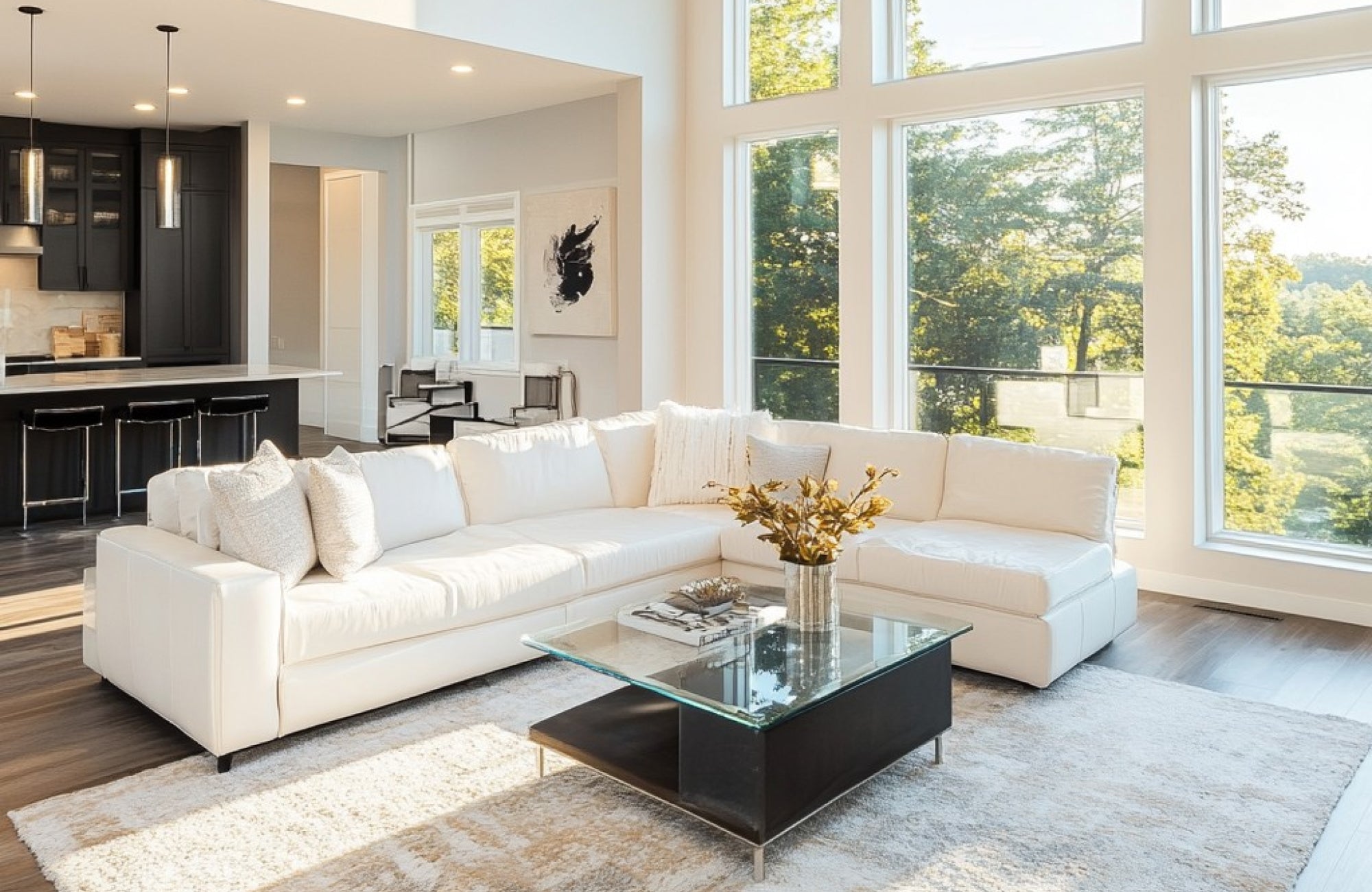 Bright modern living room with a wool rug, glass coffee table, and expansive windows overlooking lush greenery.