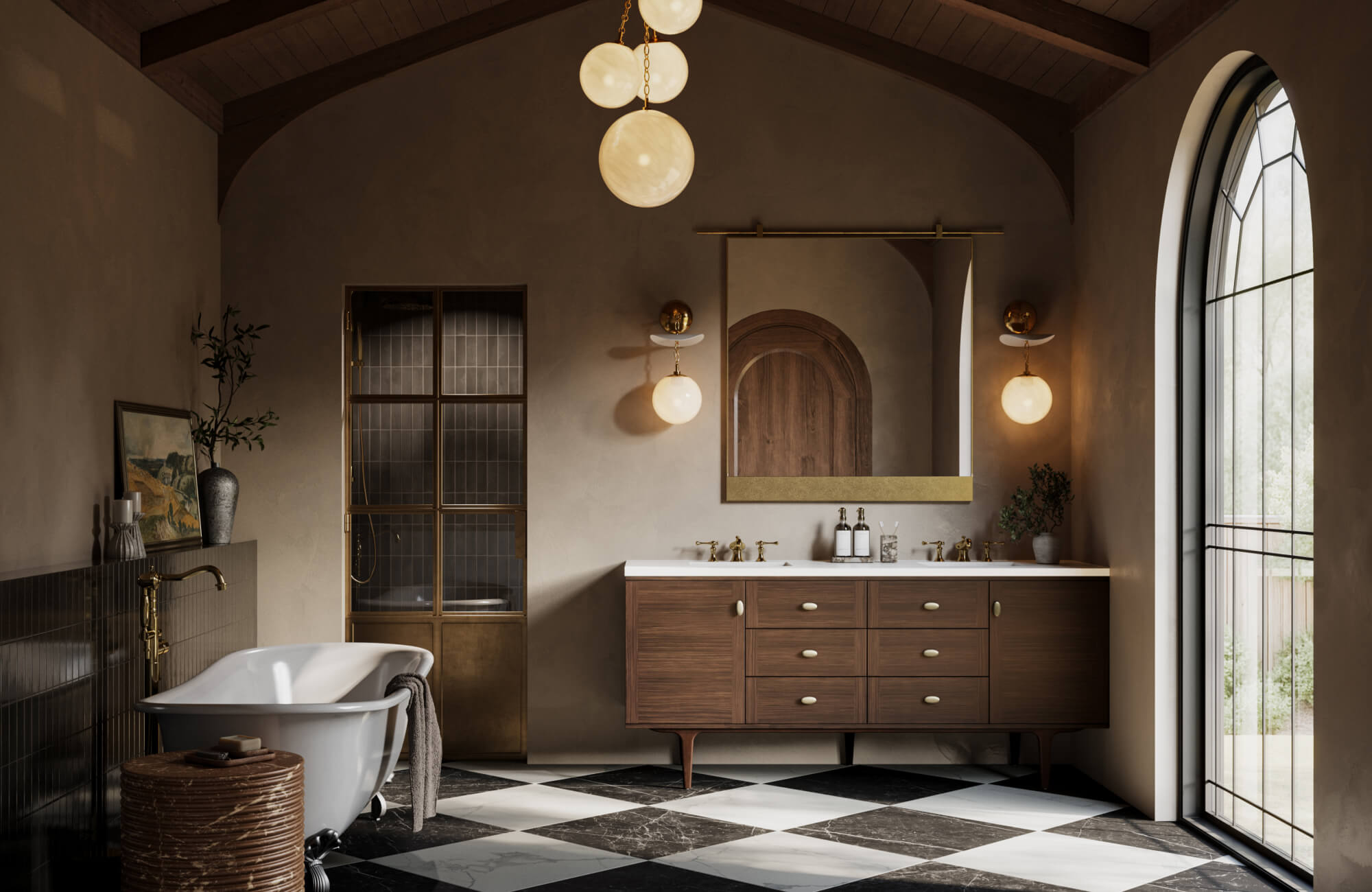 null This sophisticated bathroom design trend blends warm wood cabinetry, vintage-inspired brass fixtures, a freestanding tub, arched architectural details, and bold black-and-white marble flooring.
