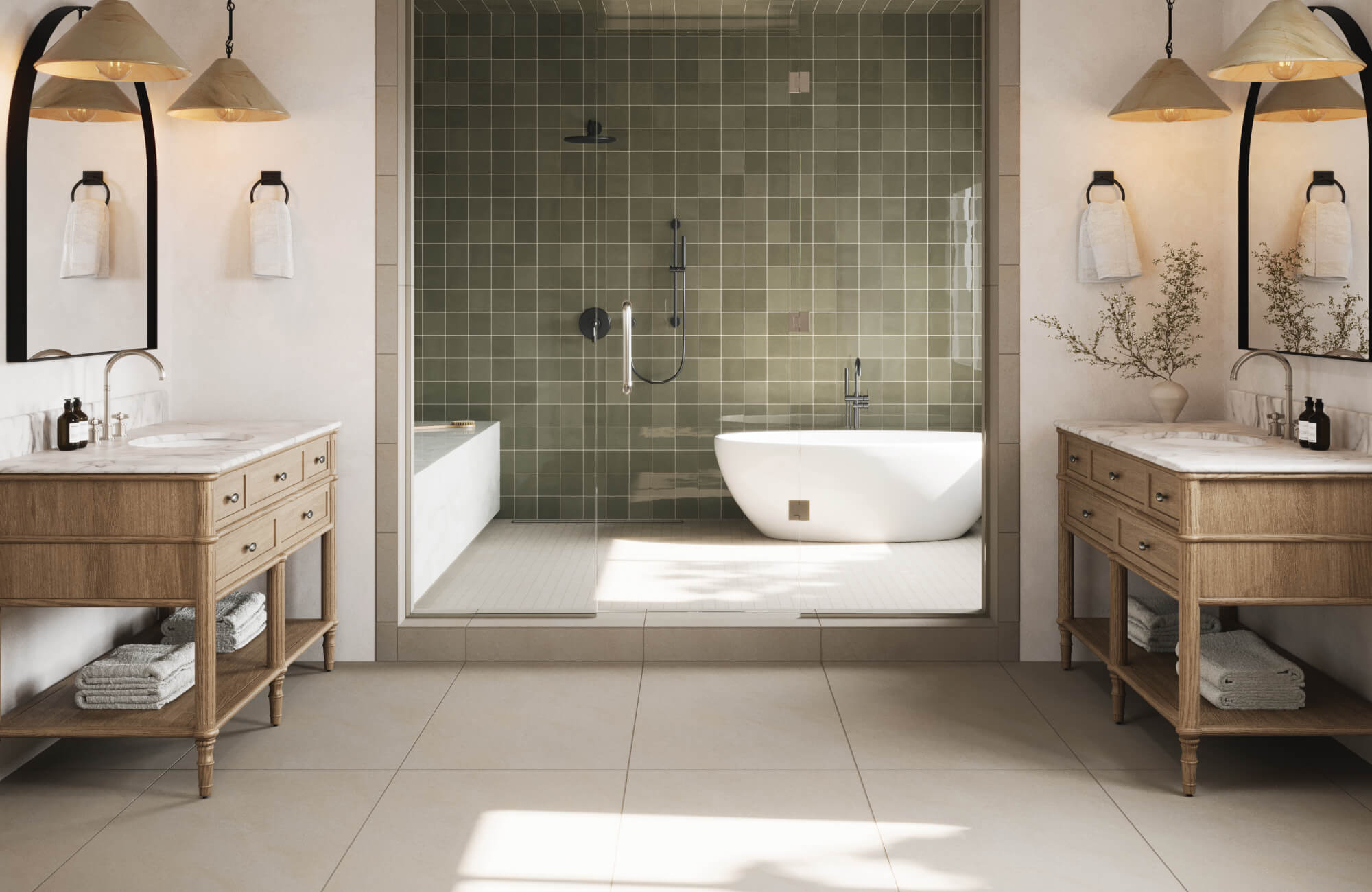 null This balanced bathroom design trend features a symmetrical layout with warm wood vanities, marble countertops, soft pendant lighting, and a glass-enclosed wet room with green tile walls and a freestanding tub for a serene, spa-like feel.
