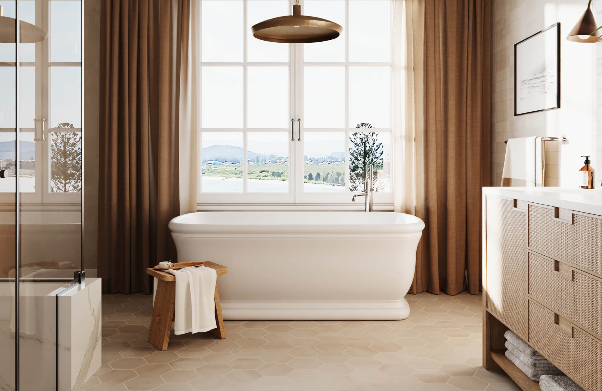 null This inviting bathroom design trend features a freestanding soaking tub centered beneath a large window, warm neutral hexagon floor tiles, soft drapery, and natural wood accents that create a calm, light-filled, spa-inspired retreat.