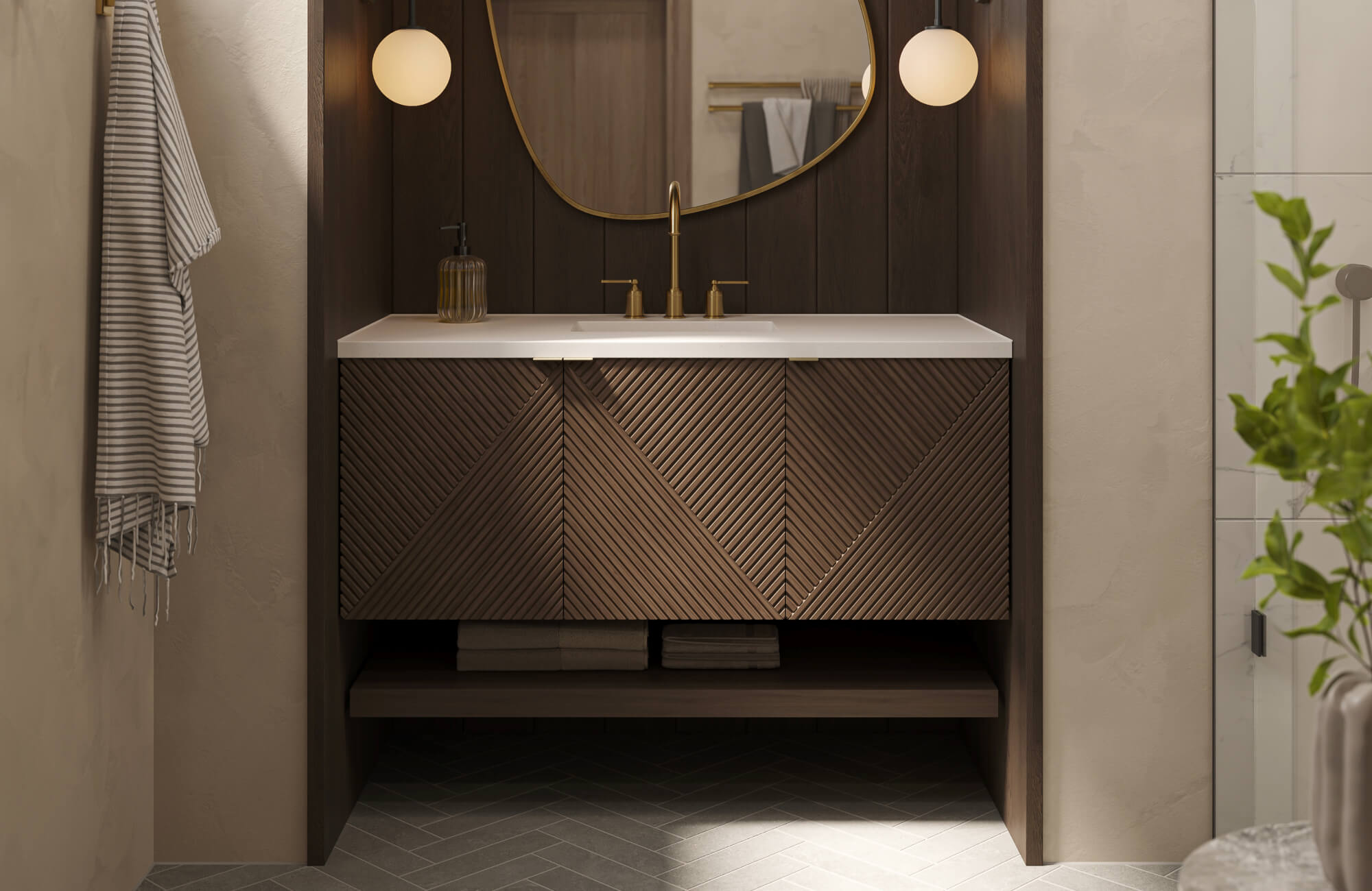 null This modern bathroom design trend features a sculptural wood vanity with geometric detailing, a sleek white countertop, warm brass fixtures, globe pendant lighting, and subtle greenery that together create a refined, contemporary focal point.