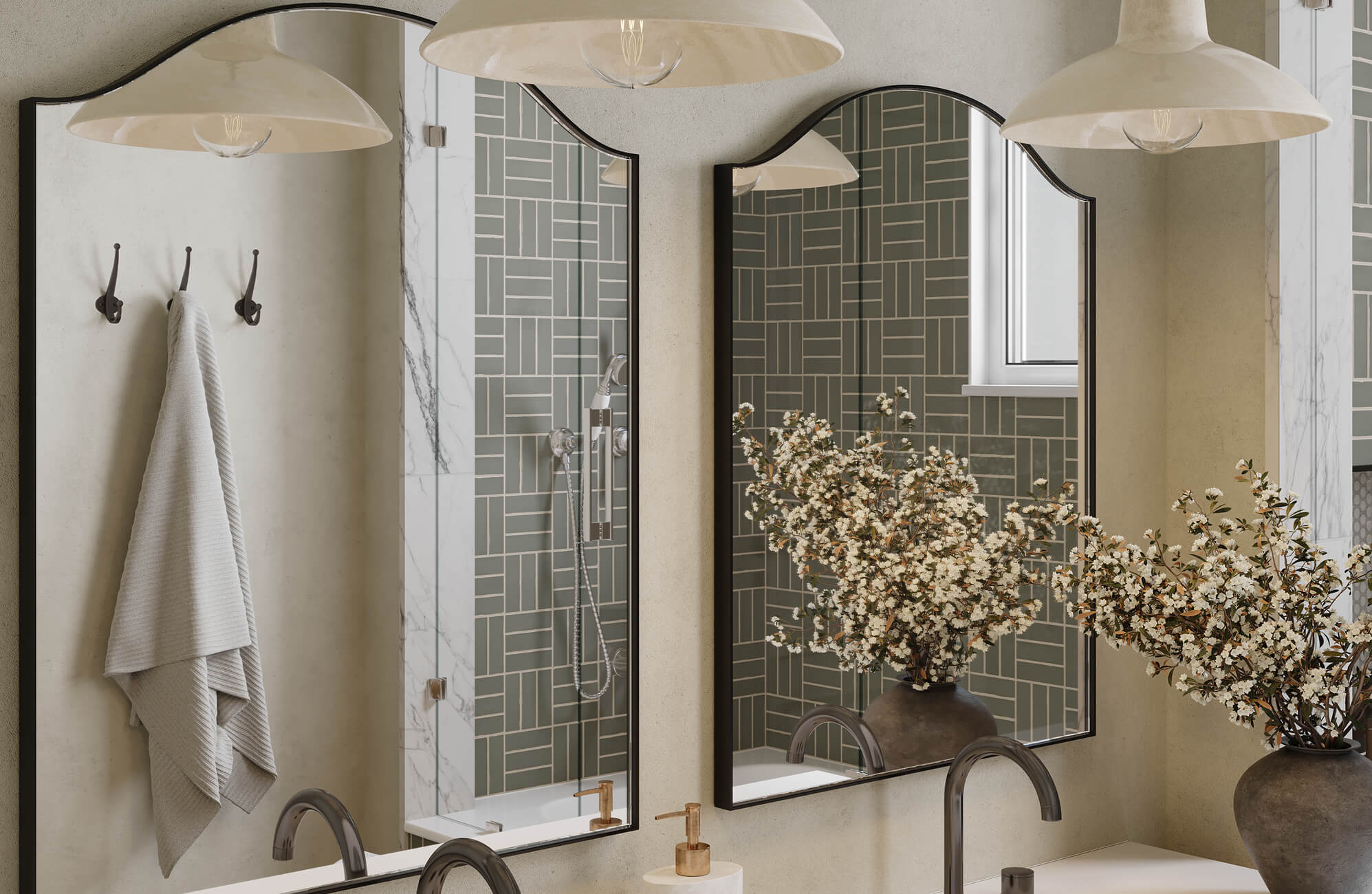 null Elegant bathroom with twin arched mirrors framed in black, complemented by sage geometric tile, marble accents, and soft florals that bring warmth and refined balance to the space.