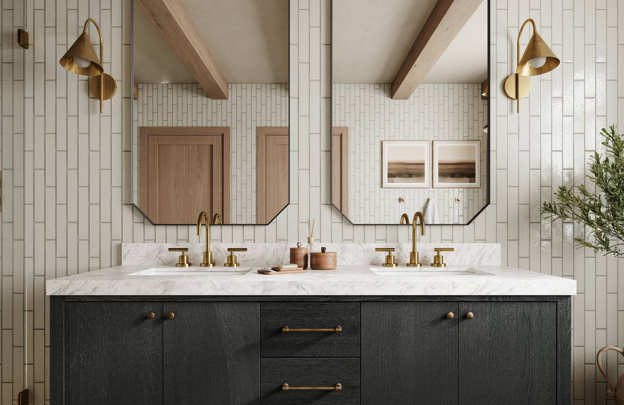 null Modern bathroom vanity lighting with sculptural brass sconces framing dual mirrors, casting a warm glow that highlights the marble countertop and sleek black cabinetry.
