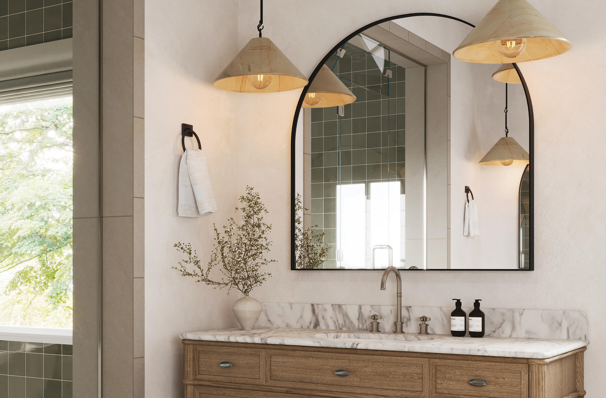 null Warm bathroom vanity lighting with cone-shaped pendant fixtures framing an arched mirror, enhancing the natural wood vanity and marble countertop with soft ambient glow.