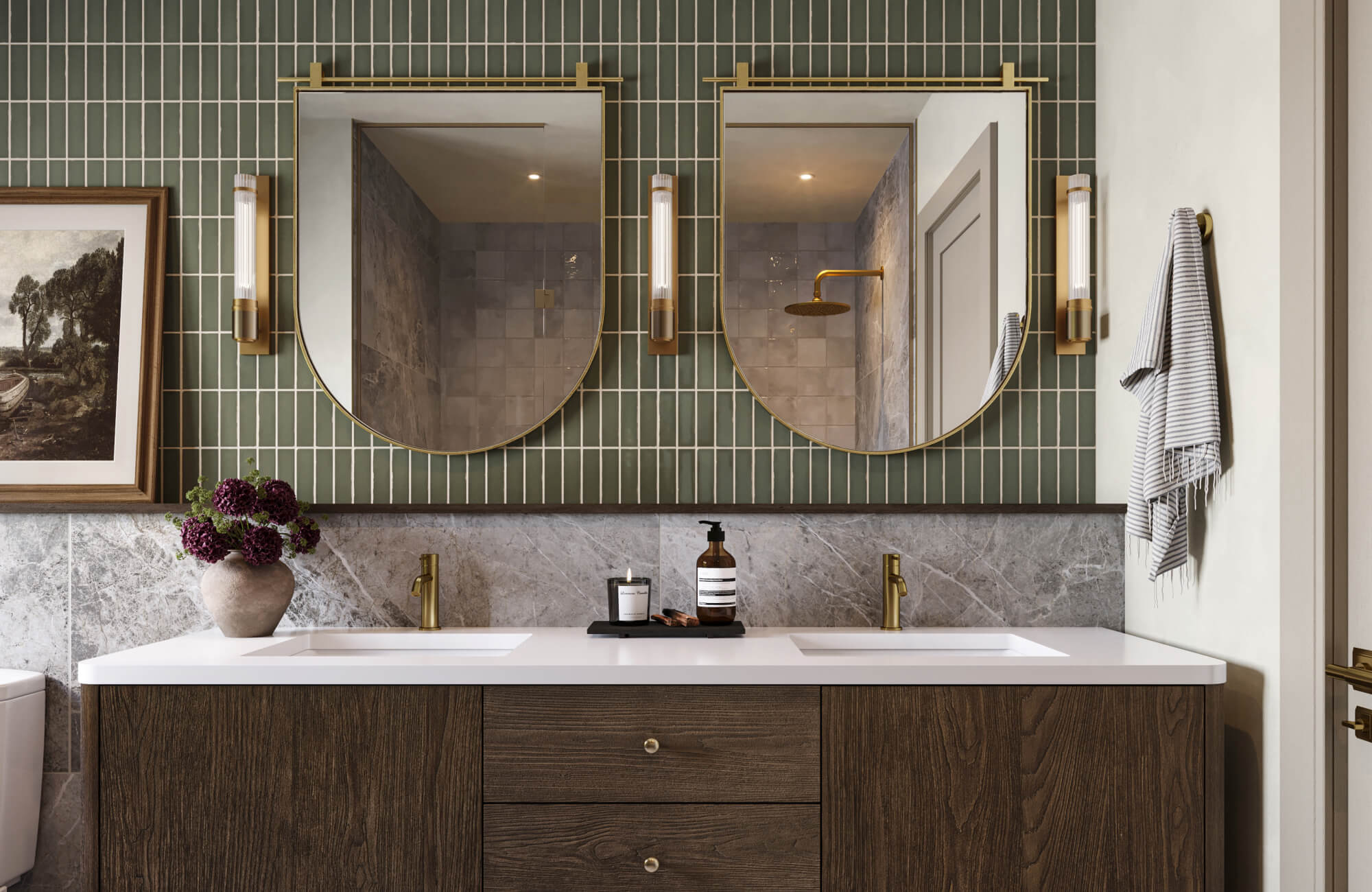 null Modern bathroom with vertical green subway tiles, twin gold-framed mirrors, marble backsplash, and a dark wood vanity accented by brass fixtures for a refined contemporary style.