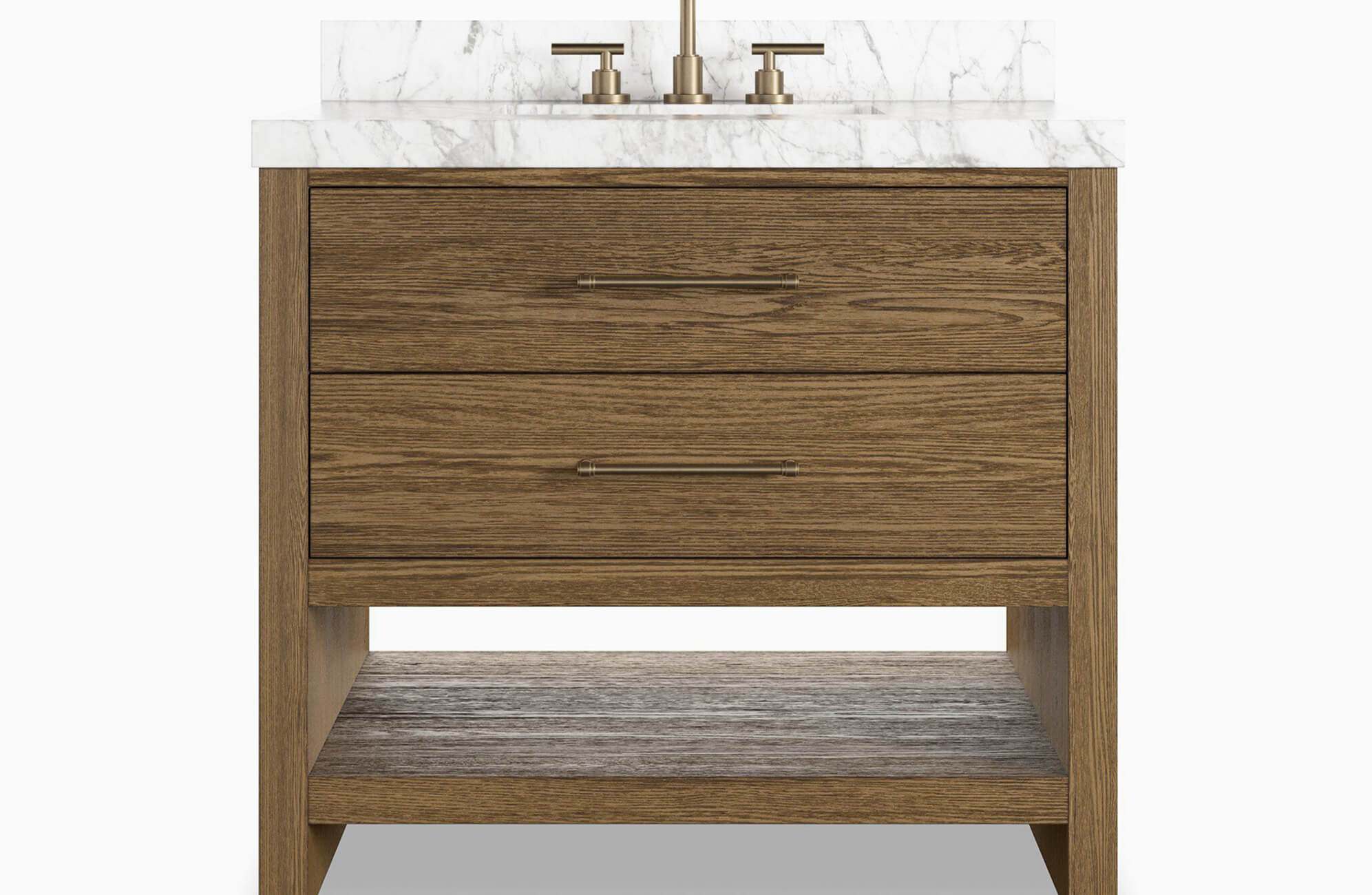 null Compact wooden vanity with a marble countertop, brass fixtures, dual drawers, and an open bottom shelf for stylish storage.