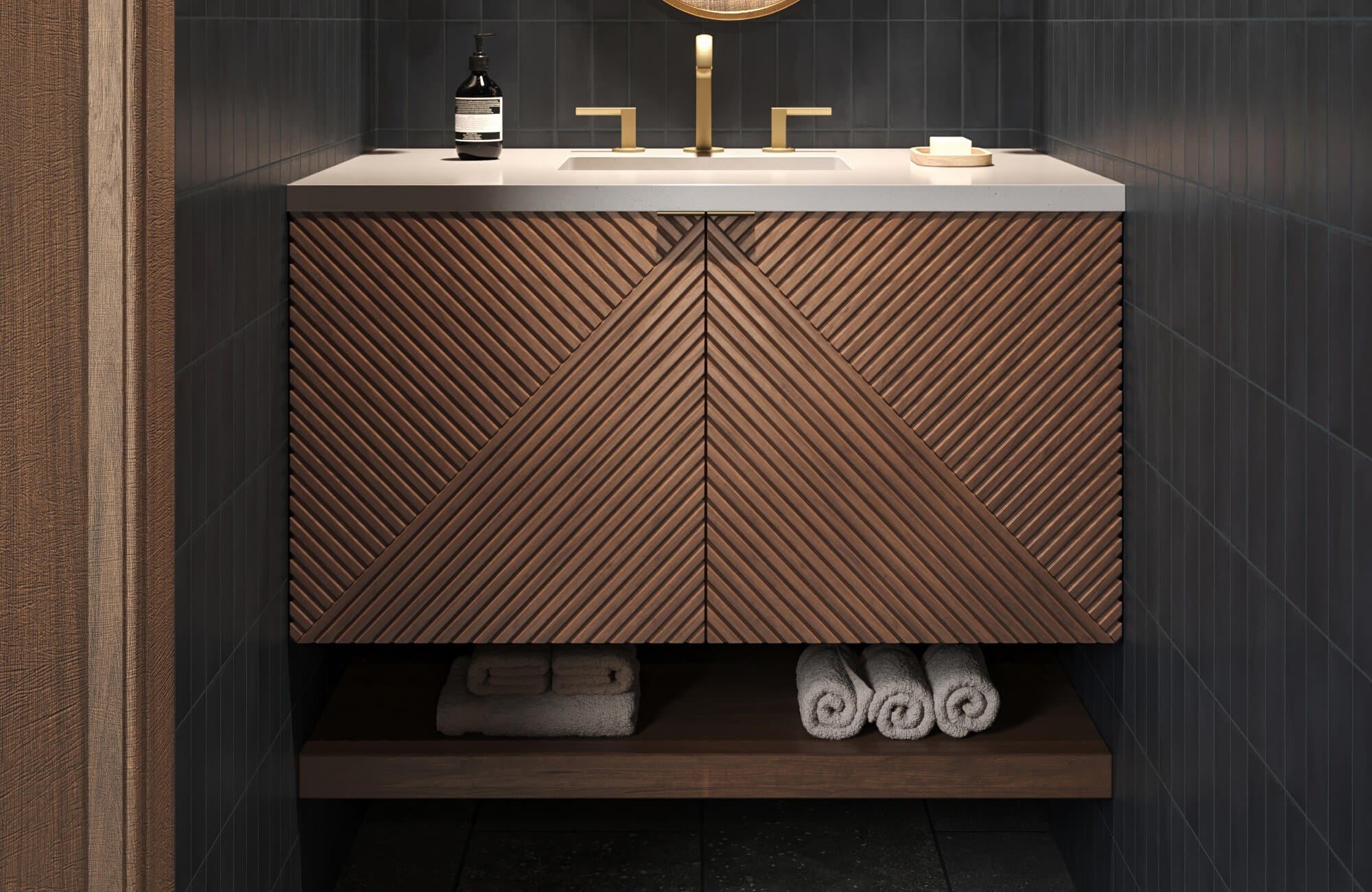 null Bold design with a floating geometric wood-front vanity, sleek white countertop, brass fixtures, and an open shelf for neatly stored towels.