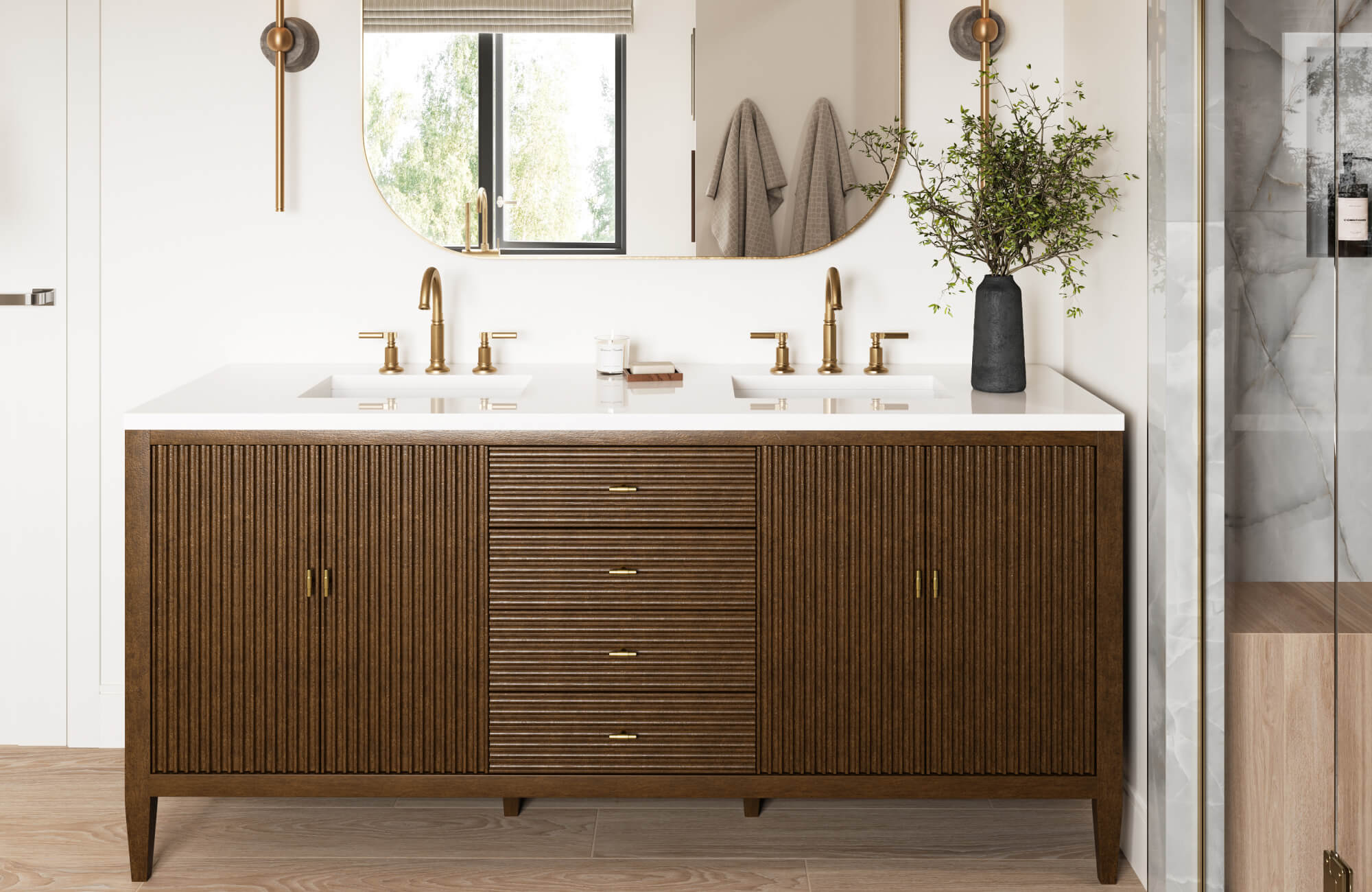 null Spacious double-sink vanity with ribbed wood detailing, white countertop, brass fixtures, and generous storage cabinets for a refined modern look.
