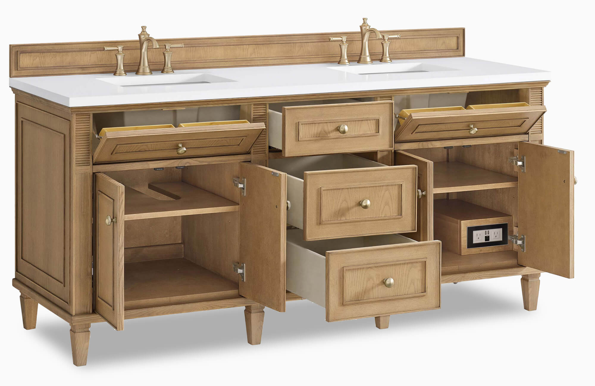 null Traditional double-sink vanity with ample storage including multiple drawers, cabinets, and built-in outlets for convenient functionality.