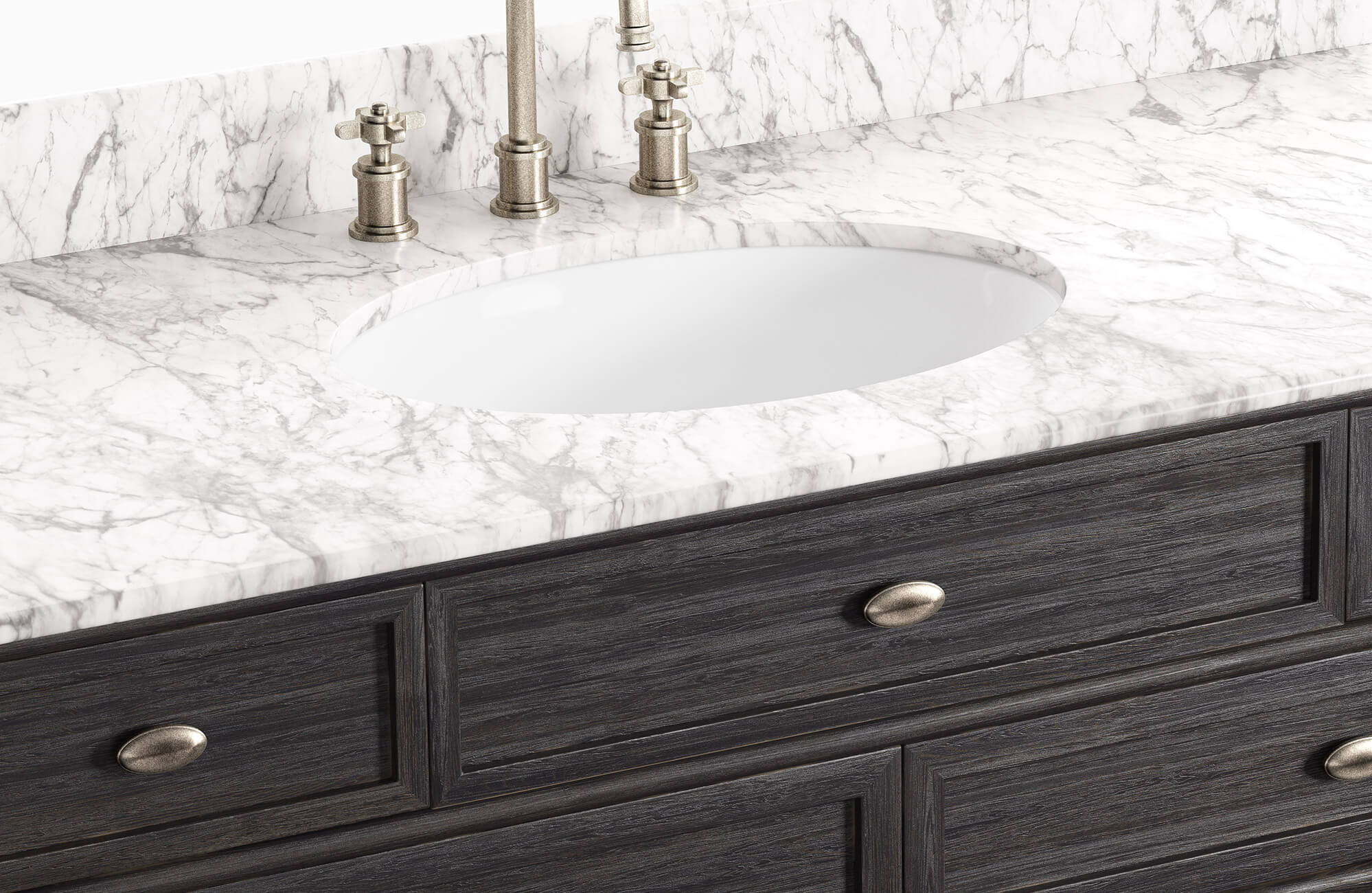 null Dark wood vanity with brushed metal hardware and a luxurious marble countertop featuring an oval undermount sink.