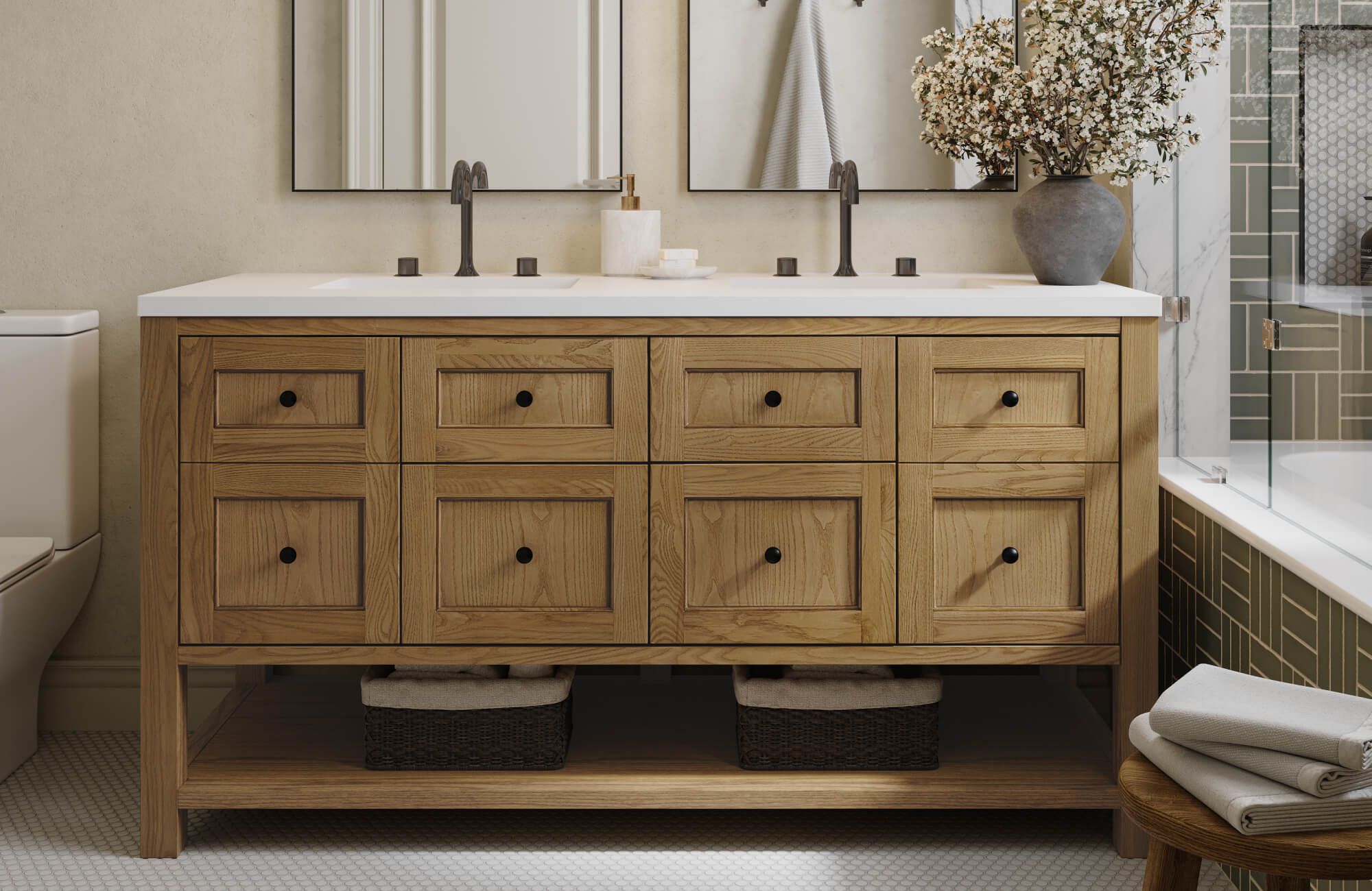 null Wide double-sink vanity with multiple square-front drawers, open bottom shelving, and a natural wood finish for timeless functionality.