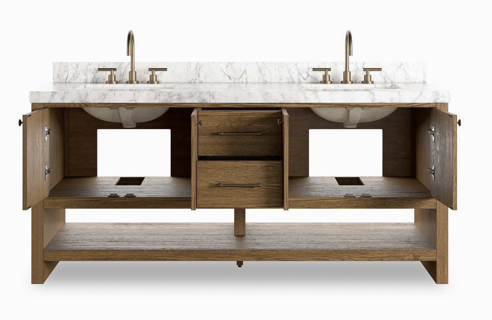 null Transitional bathroom double vanity featuring a rich wood base with open shelving and drawers, topped with a polished white marble countertop and brass fixtures for a timeless blend of elegance and functionality.