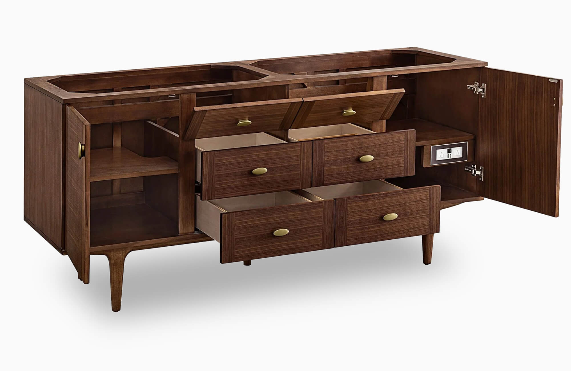 null Mid-century modern bathroom double vanity cabinet crafted from rich walnut wood, featuring brass hardware, soft-close drawers, open shelving, and a built-in power outlet for convenient functionality.