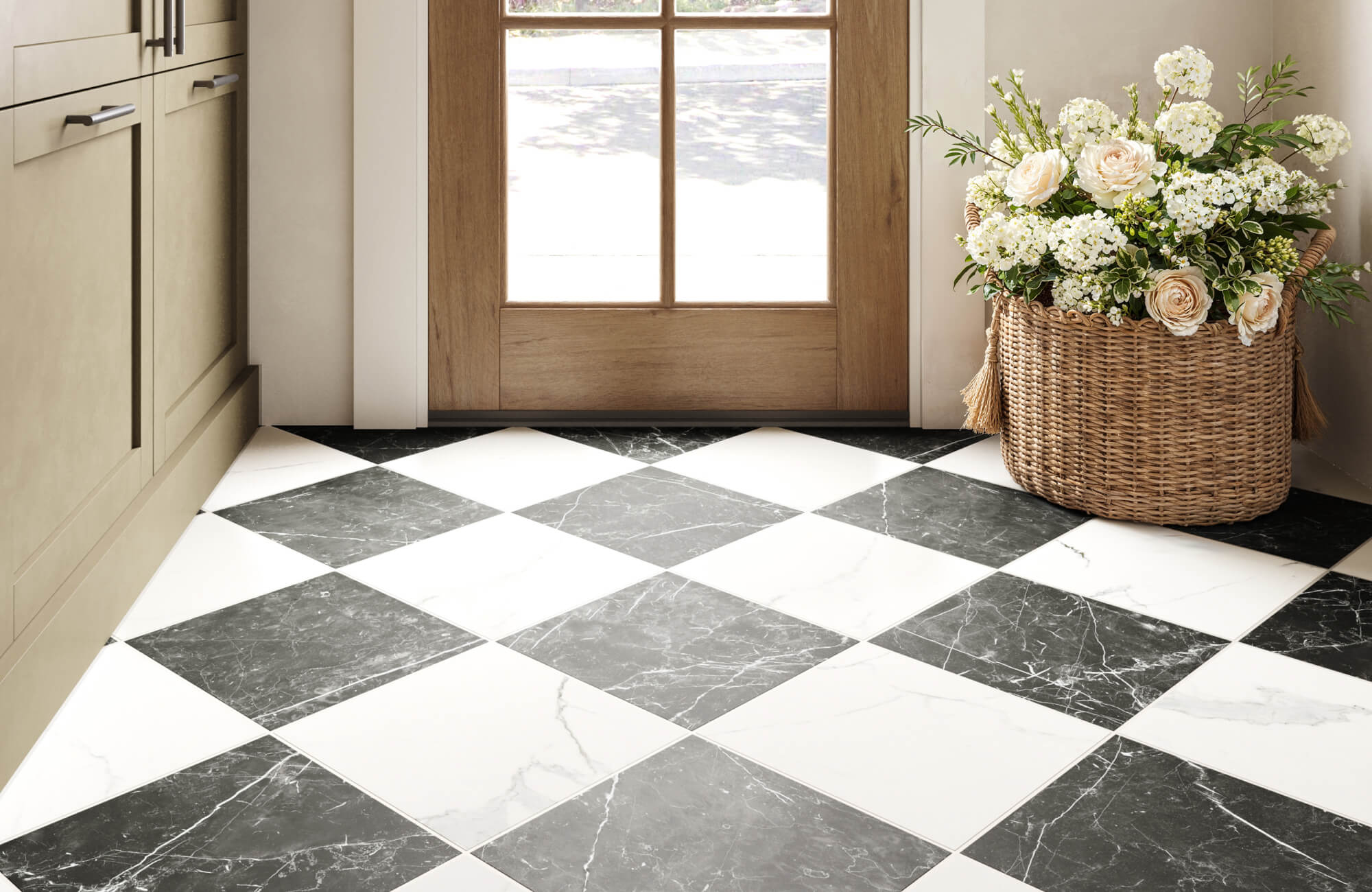 null Elegant black and white marble look checkerboard tiles enhance this inviting entryway with a timeless, sophisticated touch.