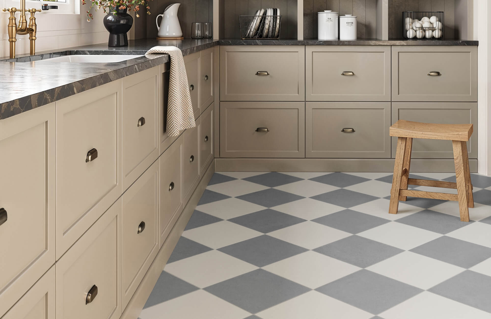 null Soft blue and white checkerboard tiles add a charming, vintage-inspired touch to this elegant farmhouse-style kitchen.