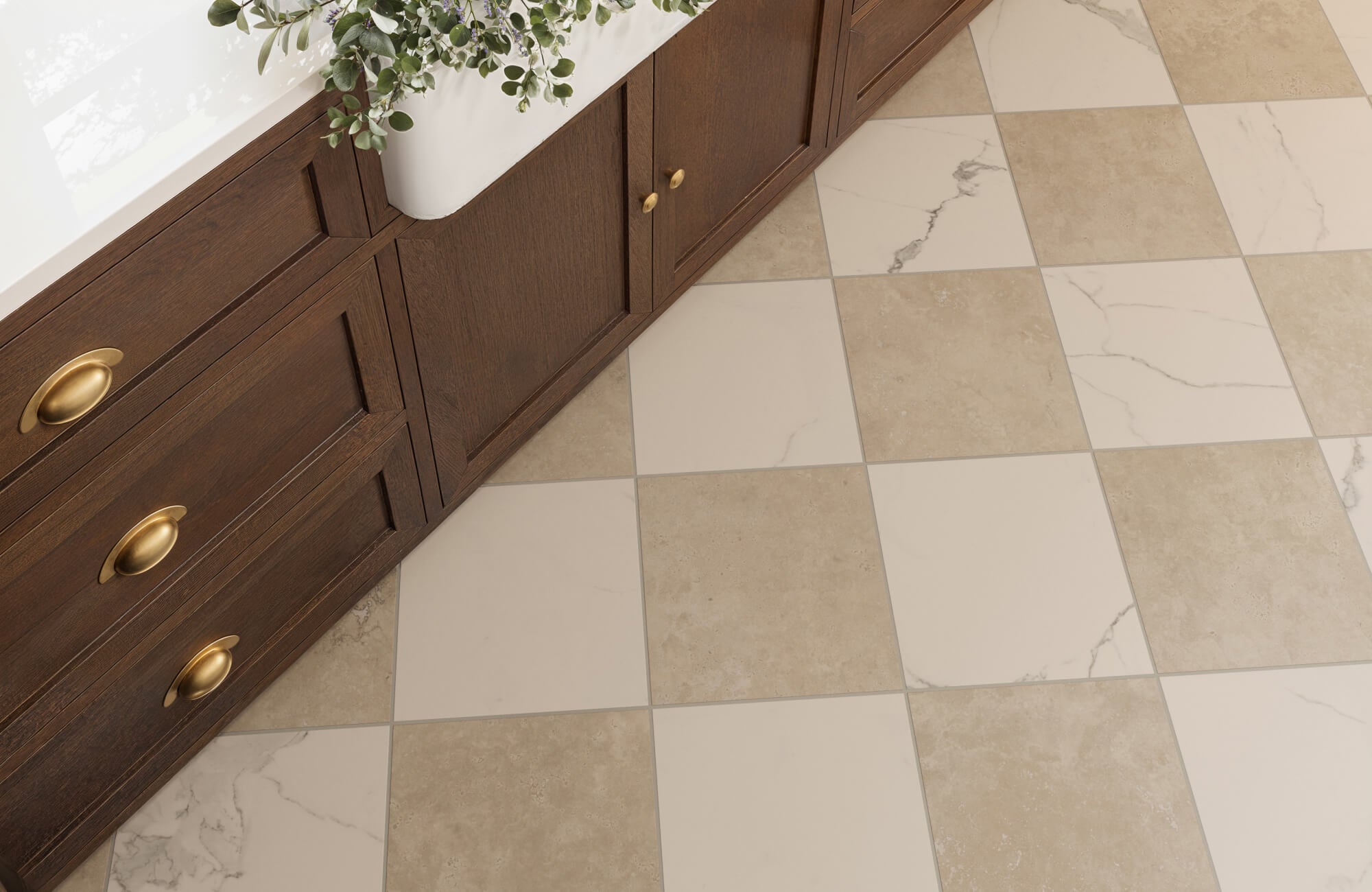 null Beige and white checkerboard tiles with subtle marble veining add warmth and elegance to this classic kitchen space.