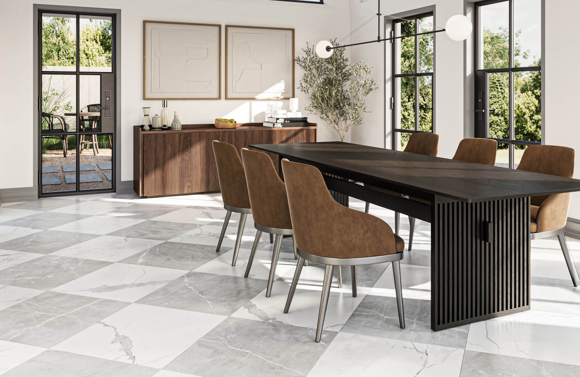 null Soft grey and white marble look checkerboard tiles bring modern elegance and a spacious feel to this sophisticated dining area.