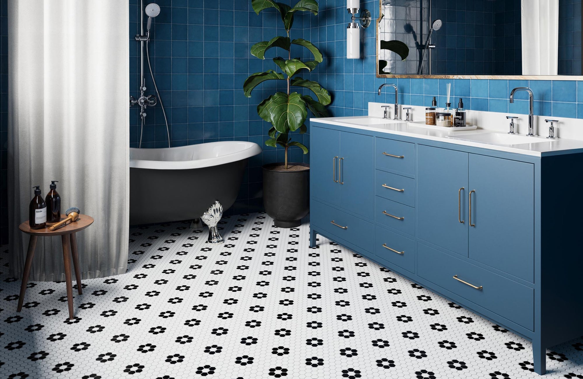 null Bathroom with bold floral mosaic floor tile in black and white, providing a strong grip and a retro-inspired design.