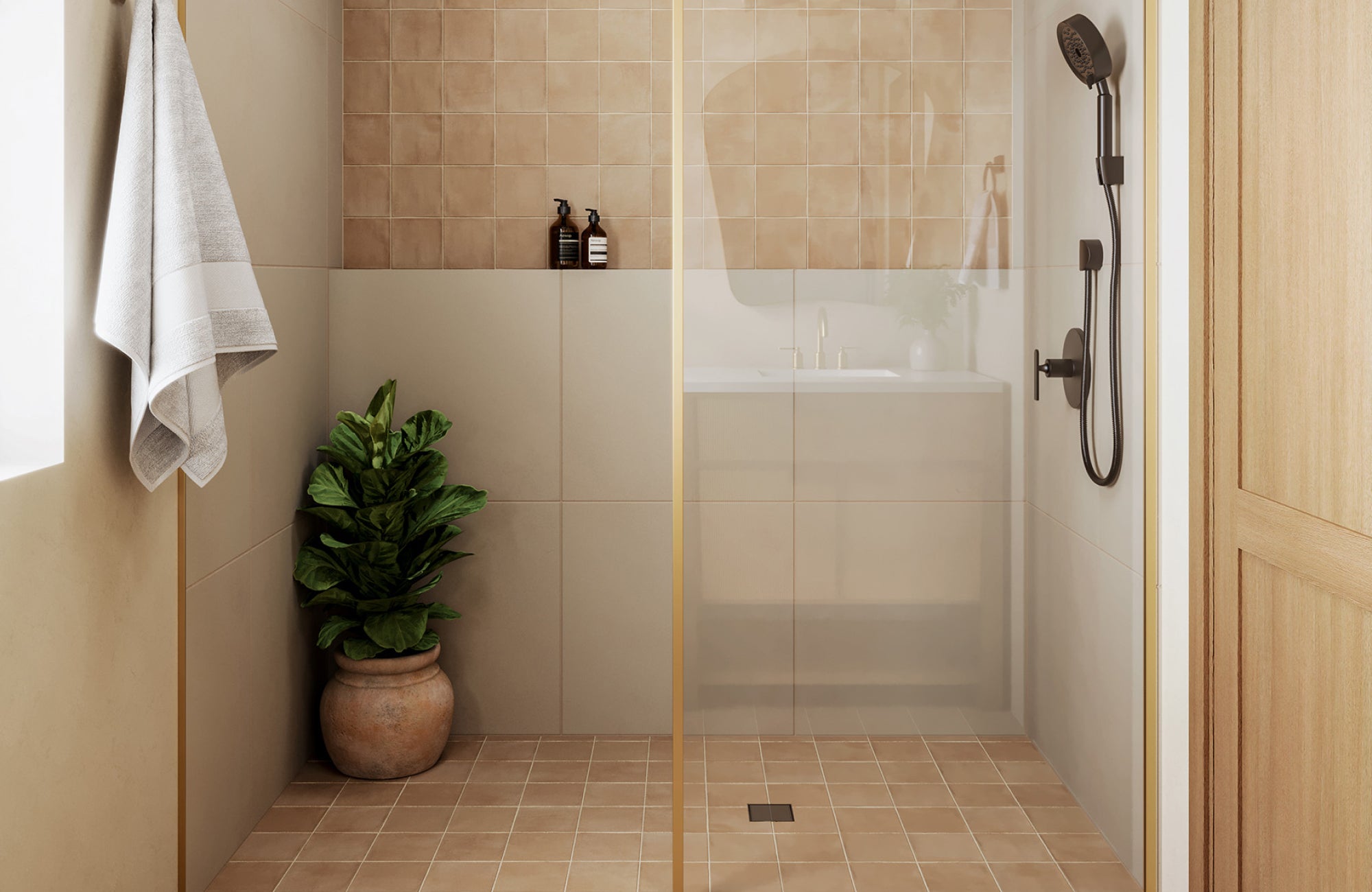 null Warm-toned shower featuring small square matte porcelain floor tiles, enhancing both slip resistance and softness.