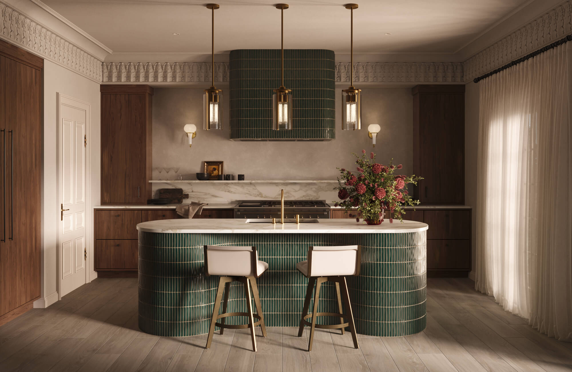 null Modern kitchen with emerald green tiled island and range hood, marble countertops with bar stools, warm wood cabinetry, and brass pendant lighting.