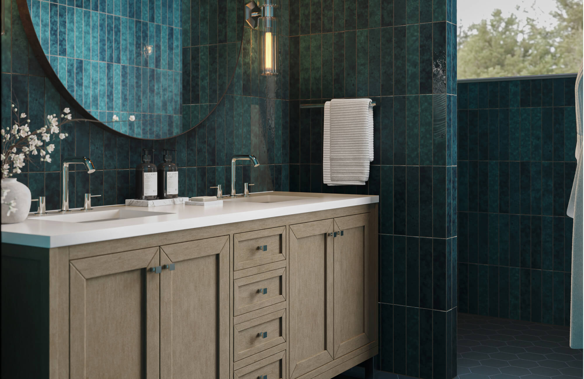 null Modern bathroom with glossy deep green subway tile, light wood vanity, and sleek chrome fixtures.