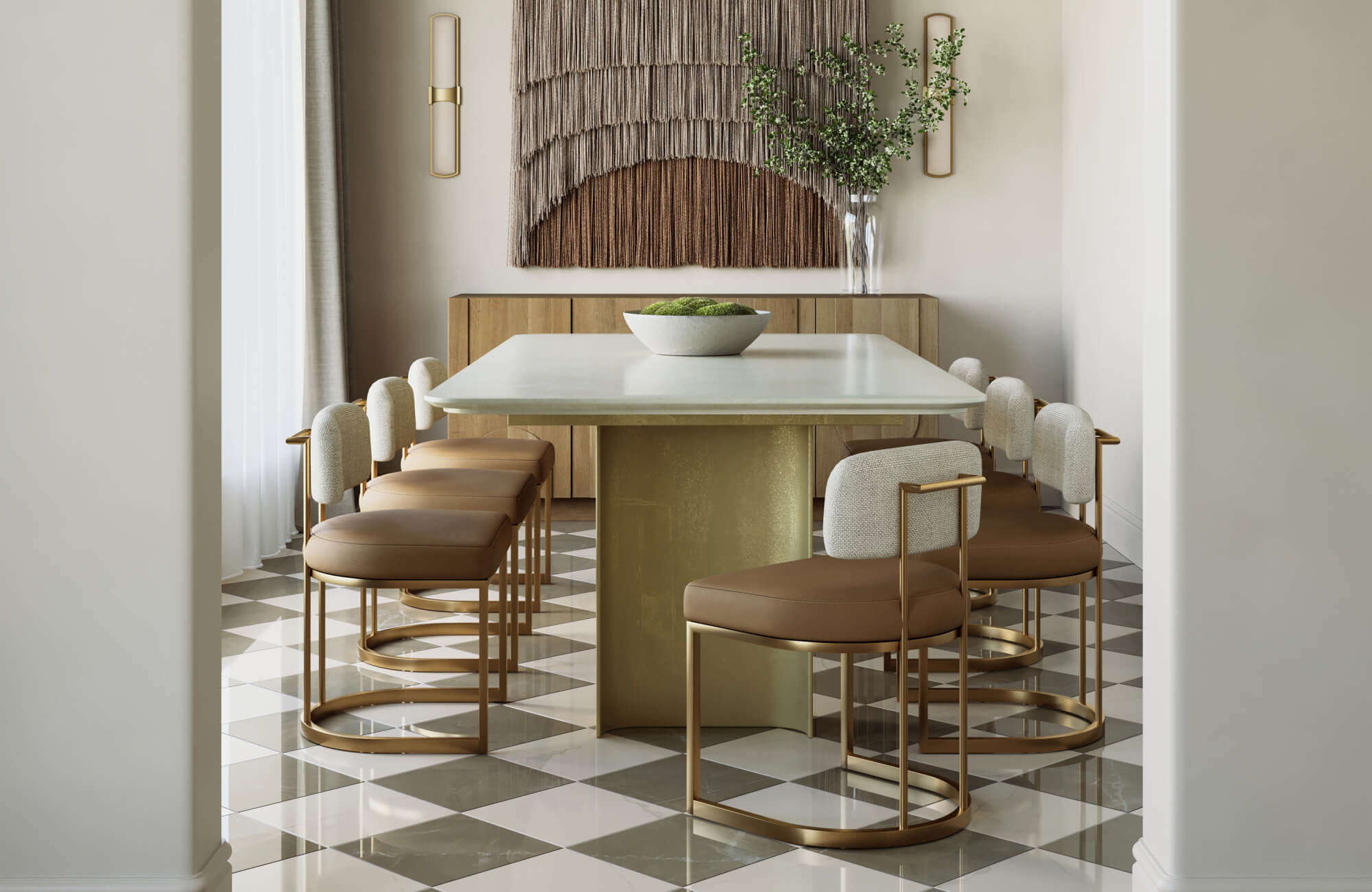 null Contemporary dining room with glossy checkerboard tile flooring, marble table, sculptural chairs, sconces, and textured fiber wall art.
