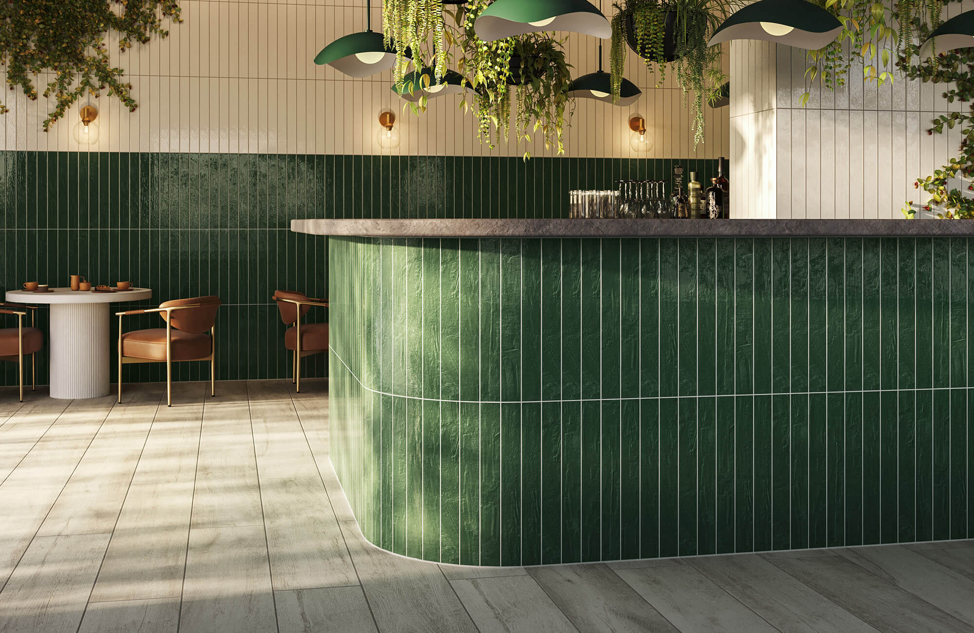 null Modern café exterior with glossy emerald green vertical subway tile bar, botanical accents, and warm pendant lighting.