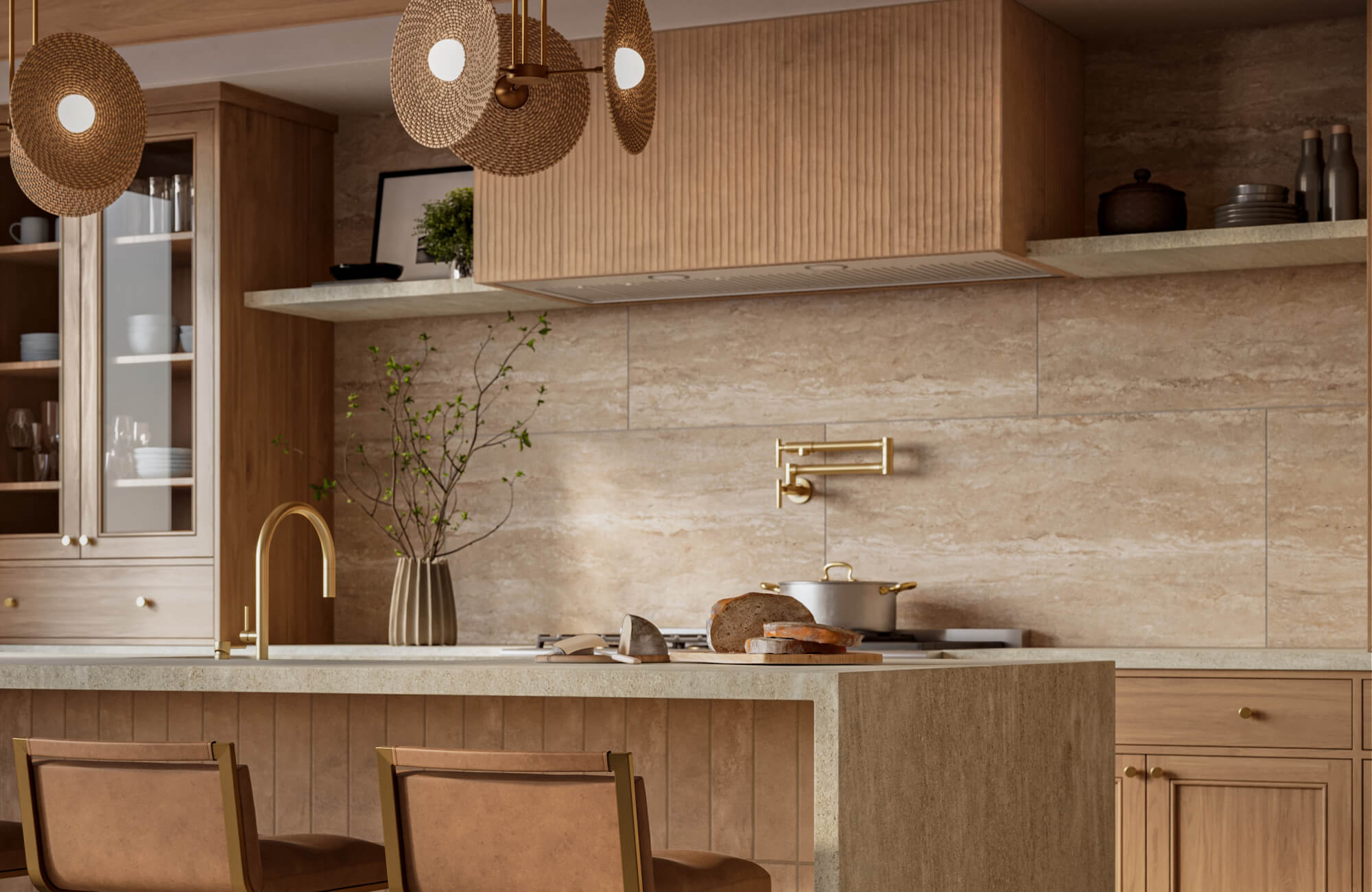 null Warm contemporary kitchen with beige stone look backsplash tiles, fluted island detailing, and brass fixtures.