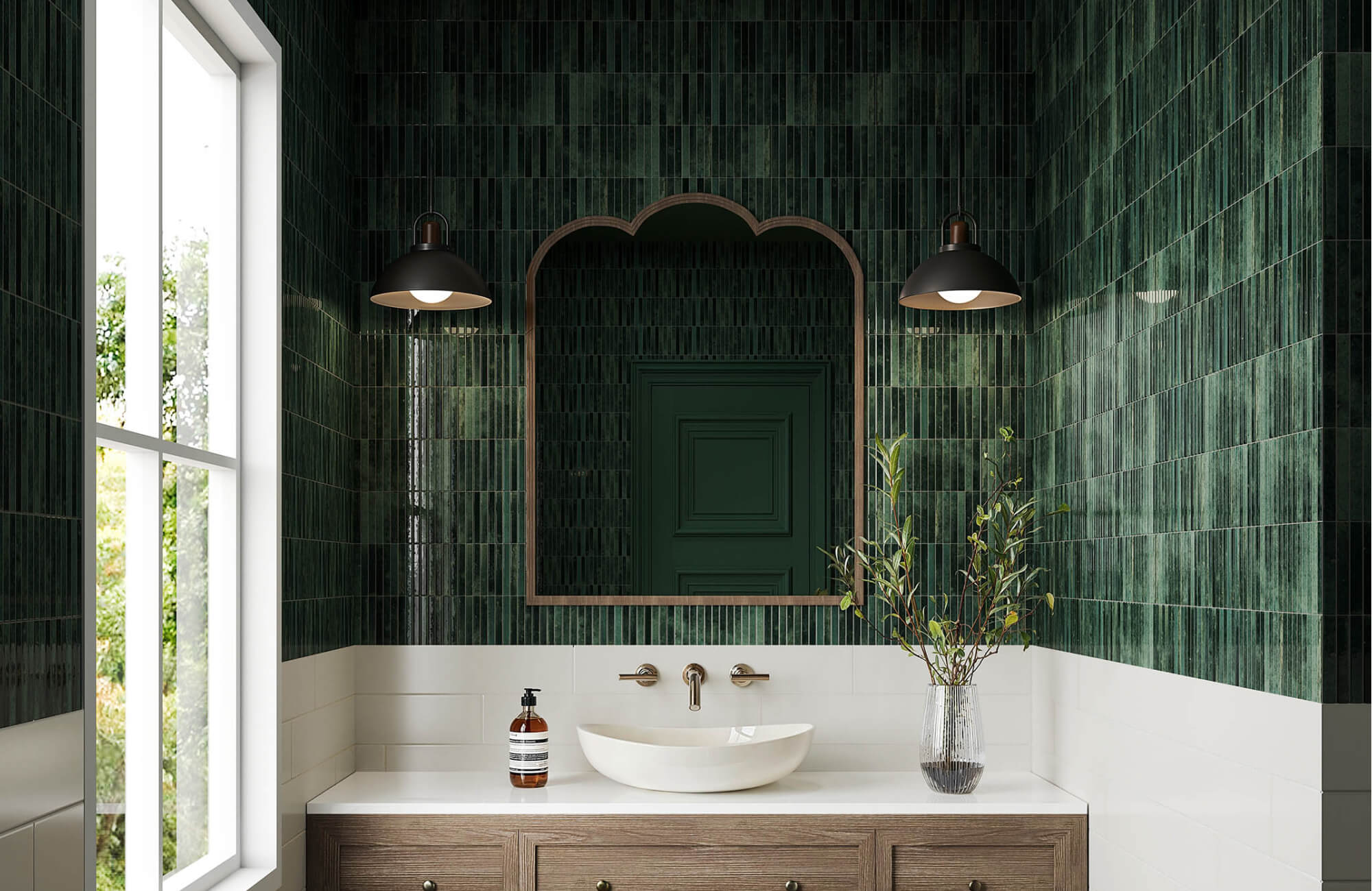 null Modern bathroom with glossy emerald green vertical tiles above the white horizontal subway tiles, twin pendant lights, and an arched mirror.