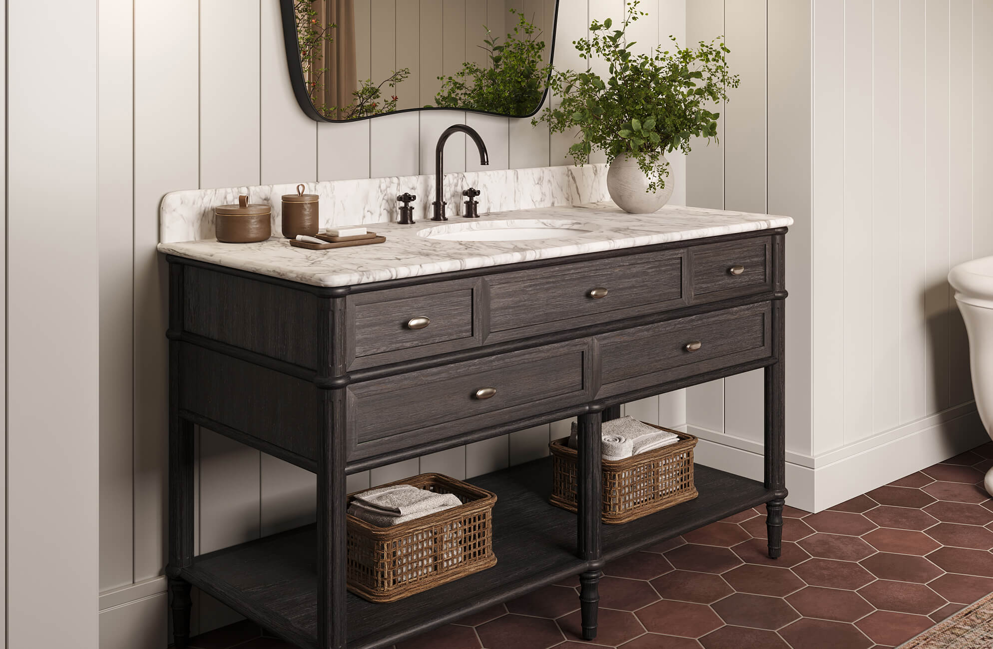 Rustic black vanity with marble countertop, black faucet, and warm hexagon tile flooring.