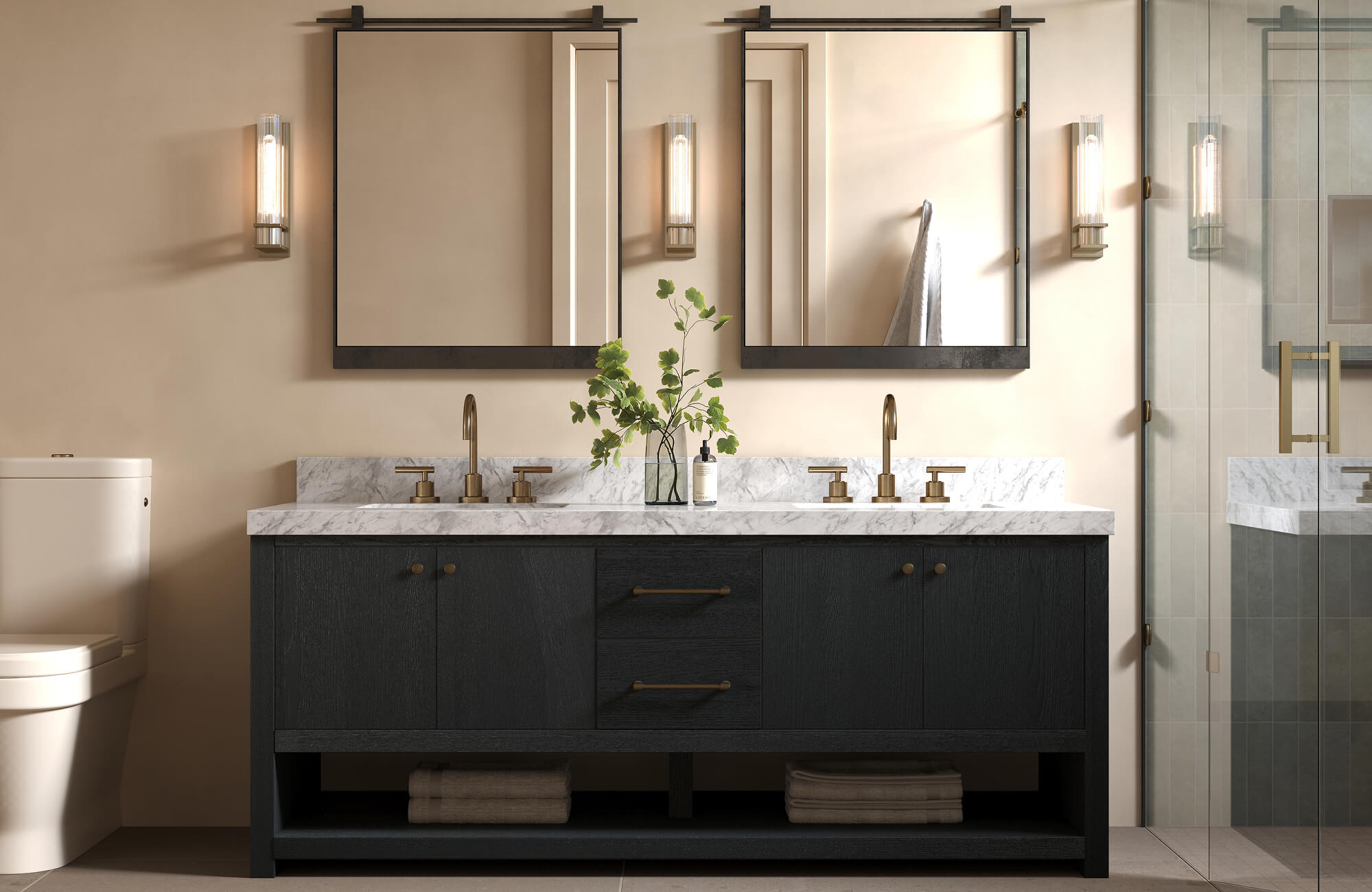 Double black vanity with marble countertop, brass fixtures, and twin mirrors framed by modern wall sconces.