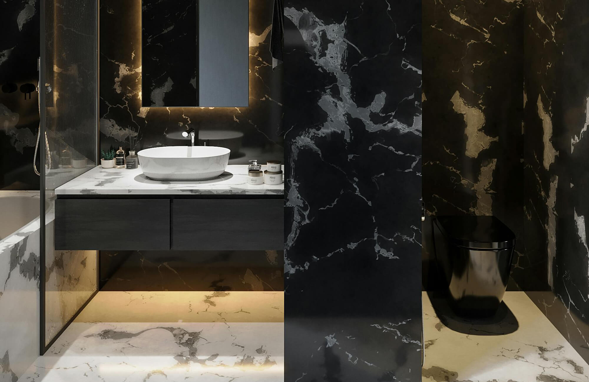 Luxurious bathroom with black marble walls, black floating vanity, vessel sink, and warm ambient lighting.