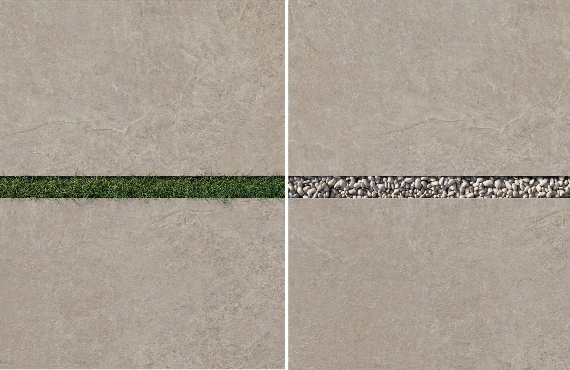 Natural stone look porcelain pavers with two grout options: lush grass on the left and decorative grey gravel on the right.