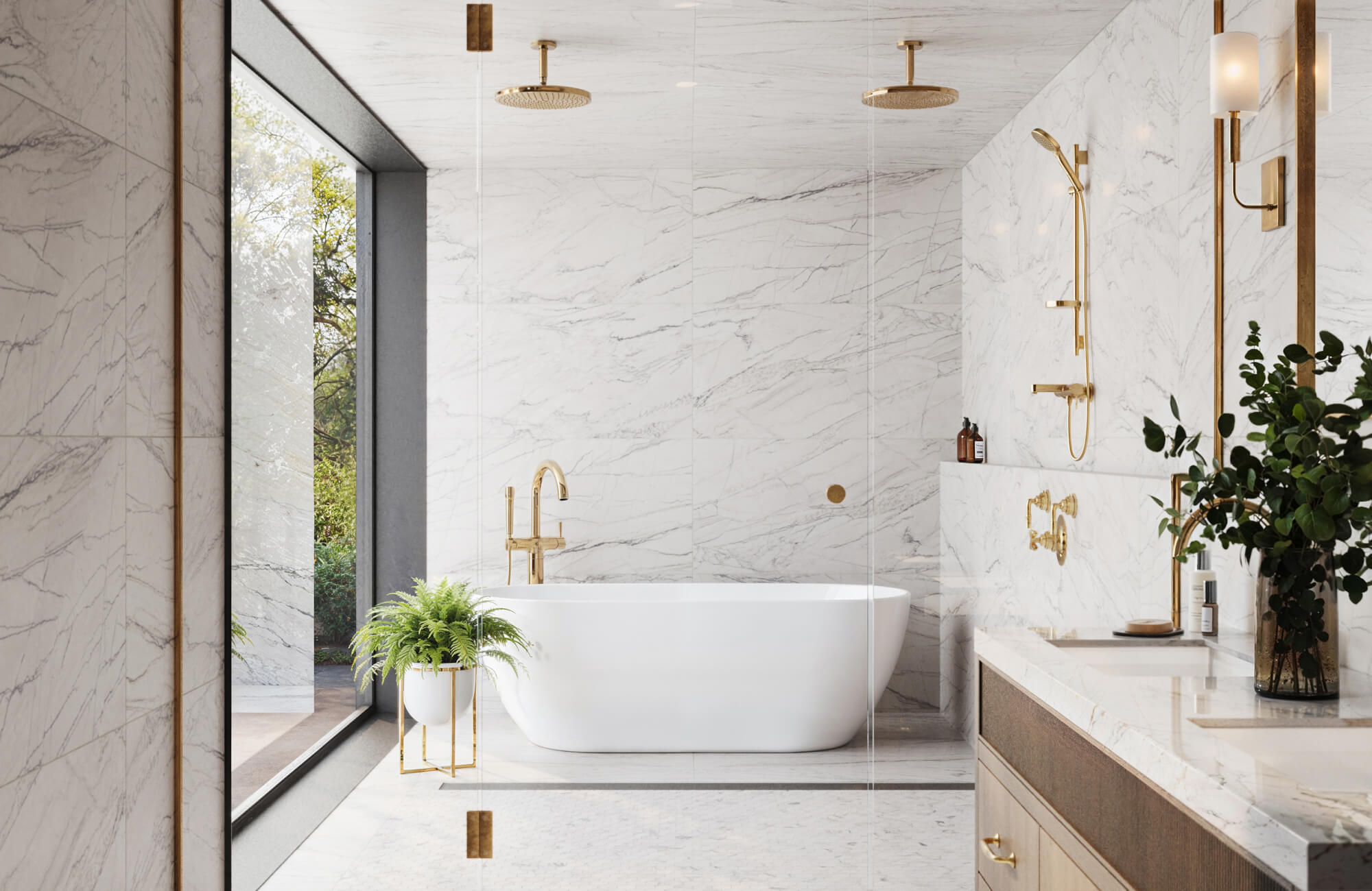 Luxurious bathroom with white marble look tiles, a freestanding tub, gold fixtures, and a floor-to-ceiling window offering natural light.