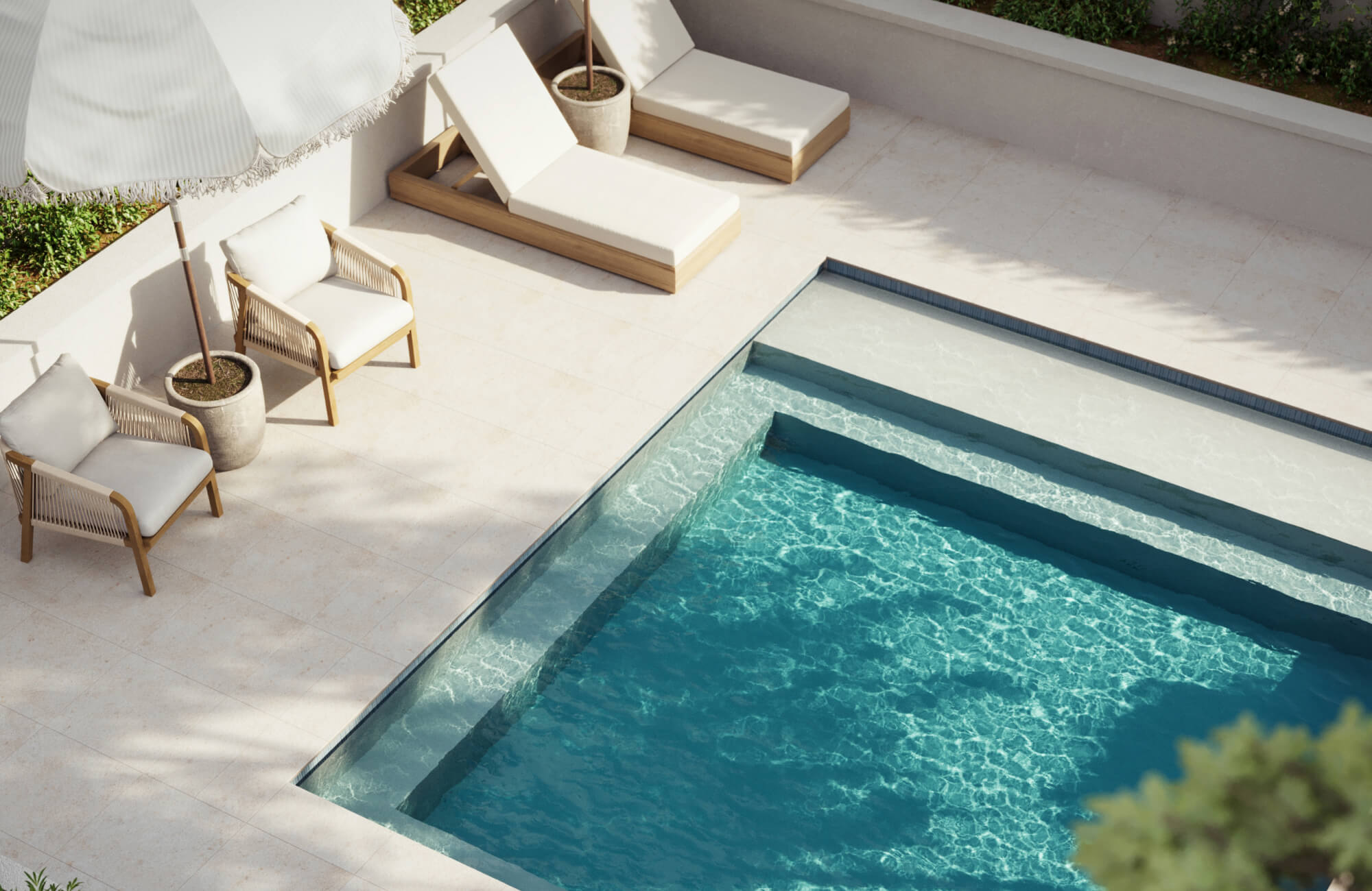 null Sleek poolside patio with soft beige porcelain pavers, wood-framed loungers, and cozy accent chairs, perfect for a sunlit, relaxing retreat
