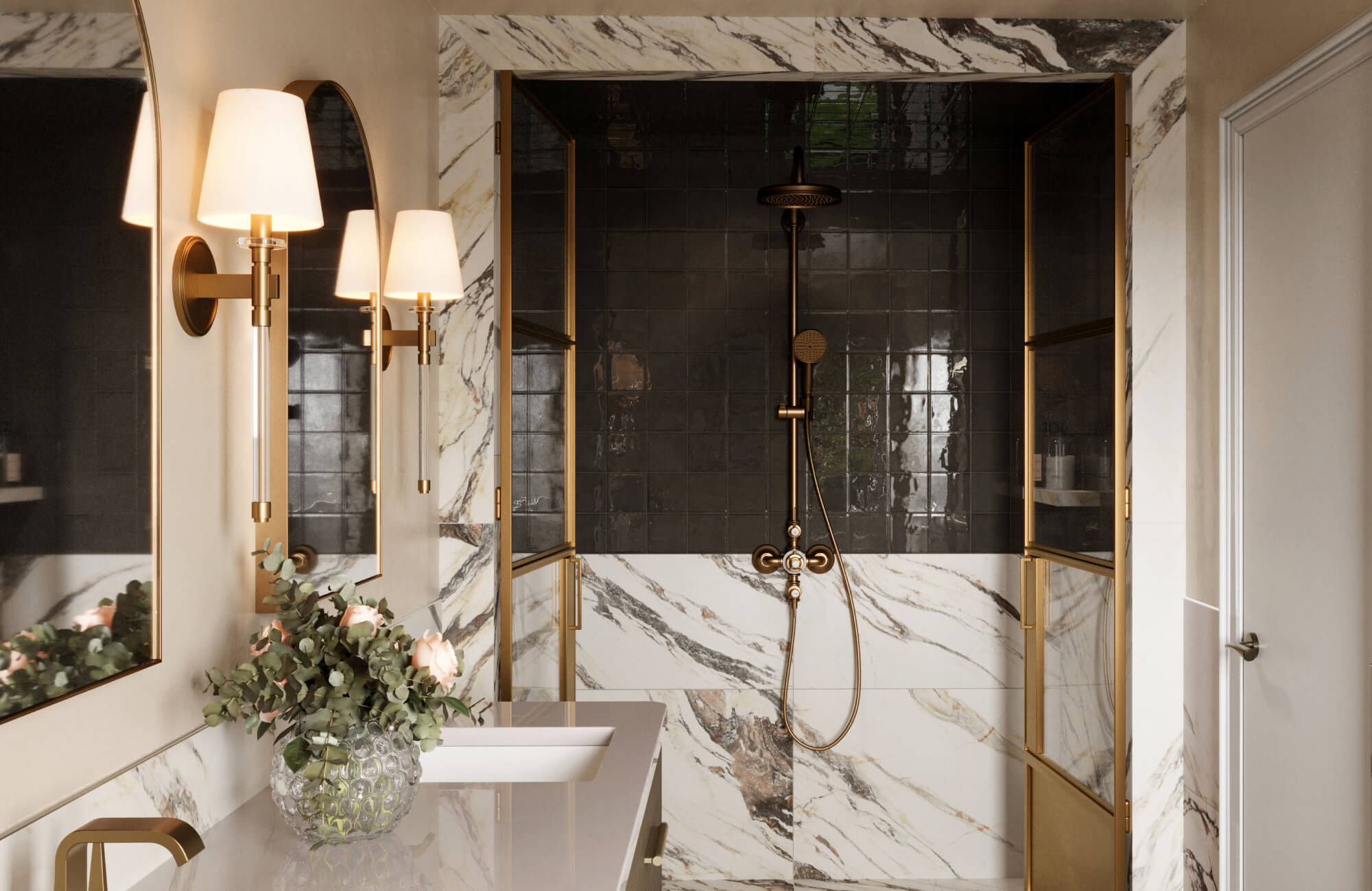 Luxury bathroom with large Calacatta-style wall tiles and glossy espresso ceramic tile in the shower.