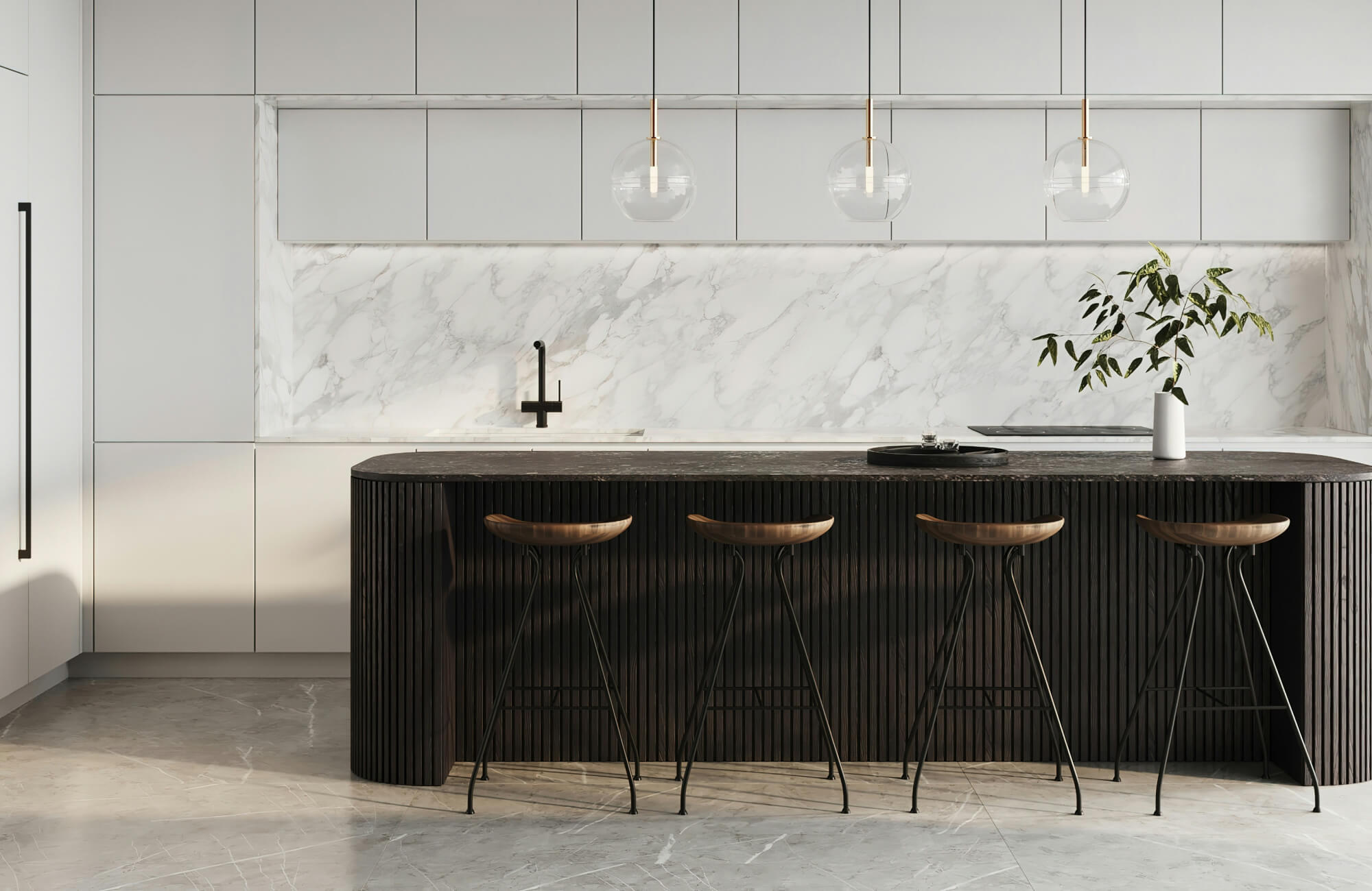 null Sleek contemporary kitchen featuring a marble backsplash, floor, and countertops, contrasted by a dark wood island with minimalist barstools, creating a luxurious, modern aesthetic.
