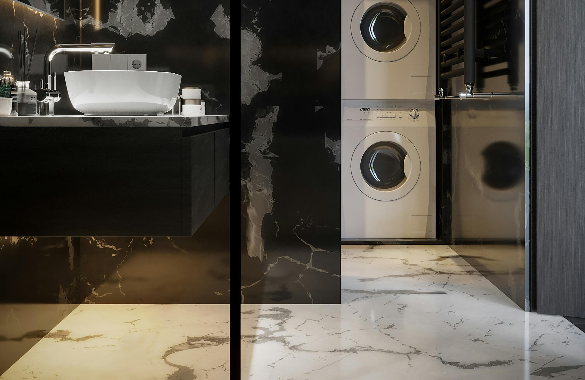 null A luxurious bathroom and laundry space featuring glossy black marble walls, white marble flooring, and sleek, modern fixtures, including a floating sink and stacked washer-dryer.