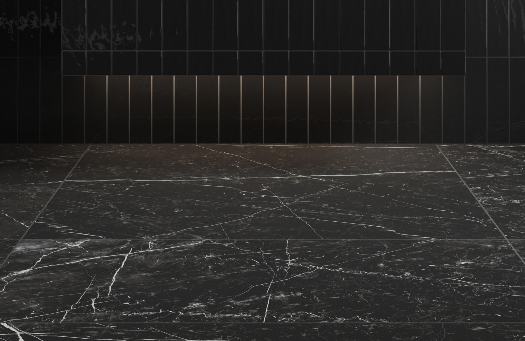 null Luxurious black marble look flooring with white veining paired with a sleek black tiled wall, exuding a modern and elegant aesthetic.