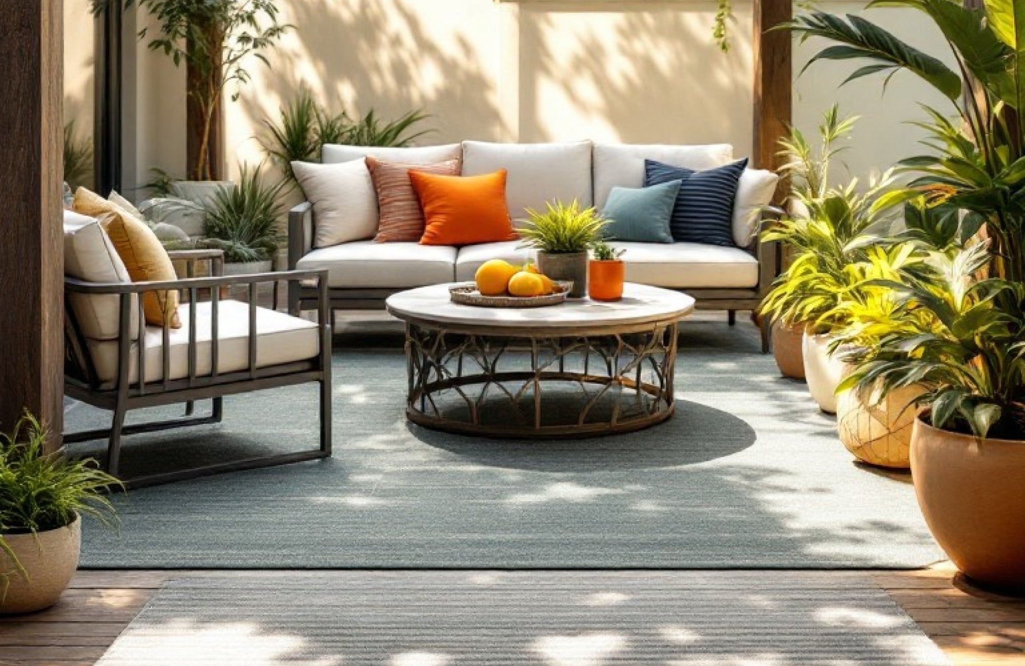 Chic outdoor patio with cushioned seating, polypropylene rug, colorful pillows, and lush potted plants atop a textured blue-green rug.