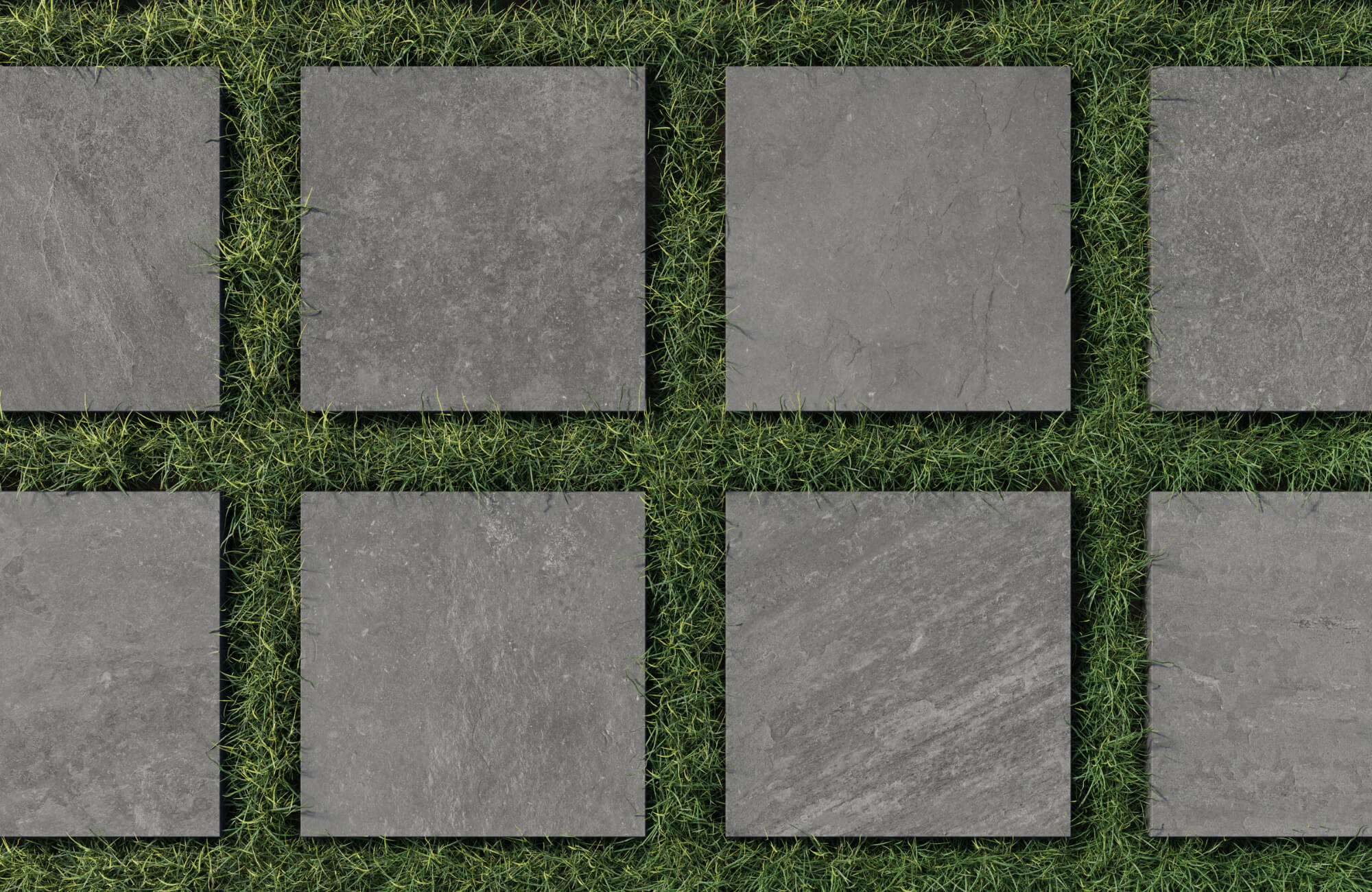 Gray square porcelain pavers arranged in a grid pattern with grass joints, creating a modern and natural outdoor walkway design.