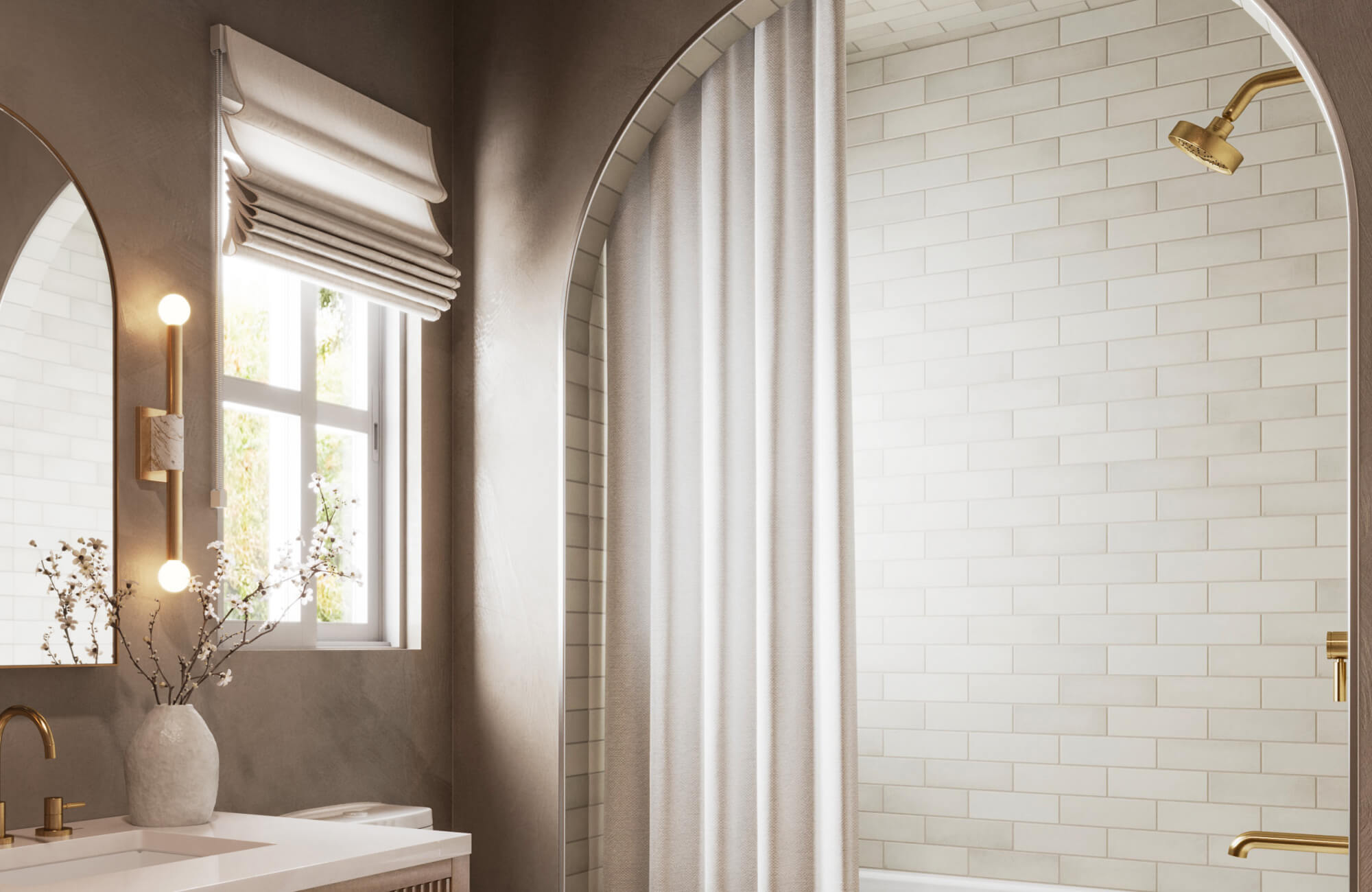 null Transitional bathroom with white subway shower tile, arched opening, taupe walls, brass fixtures, and roman shade.