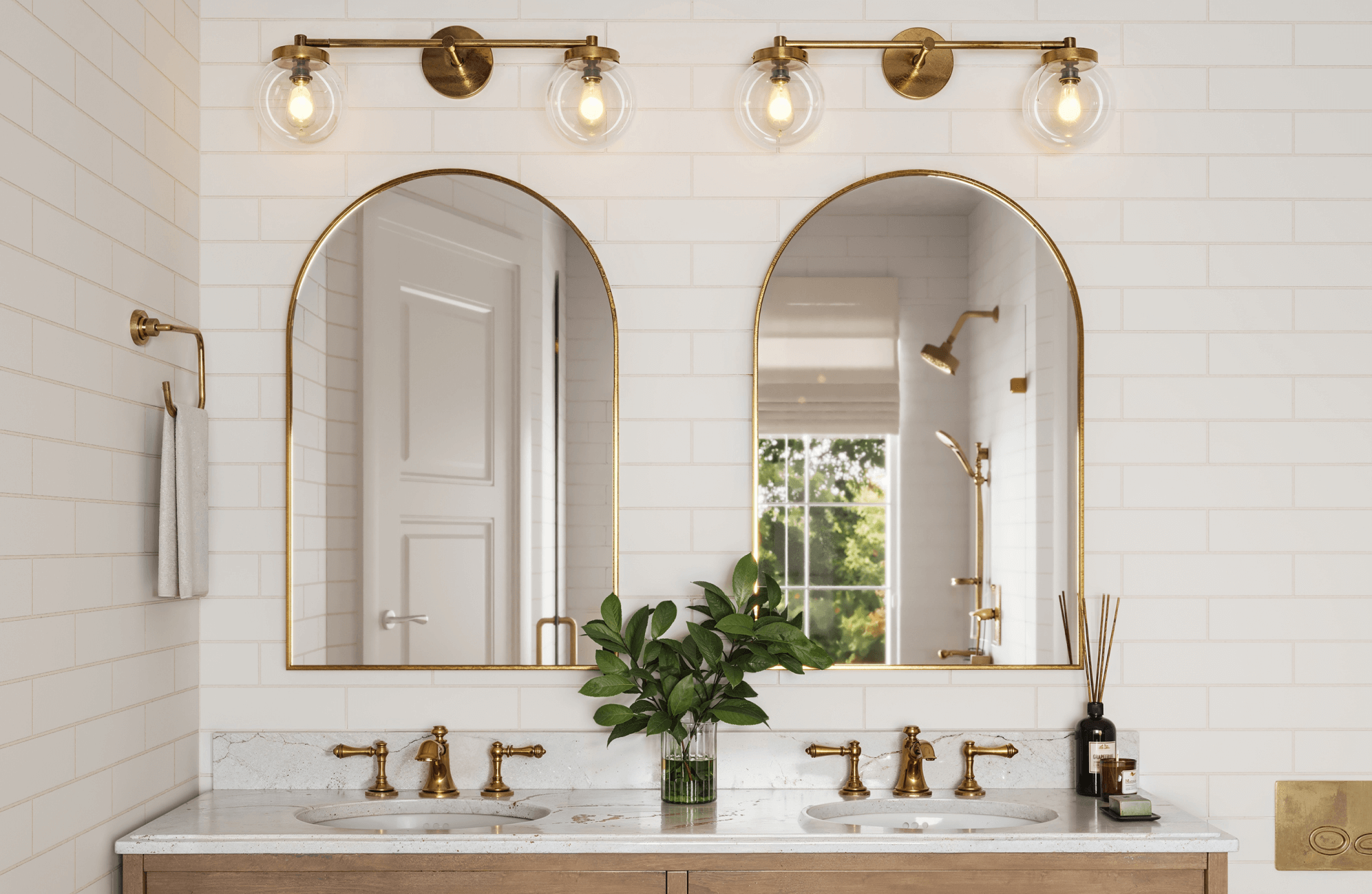 null Bright kitchen space featuring glossy vertical white subway tiles, a sleek gold faucet, and wooden shelving for a clean and modern look.