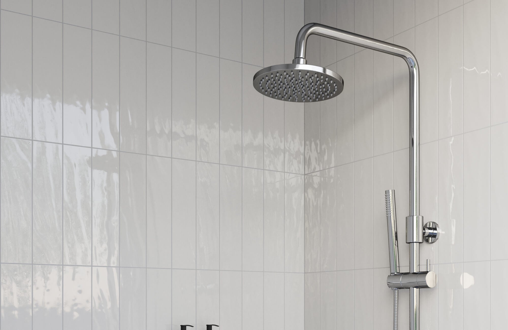 null Modern shower with sleek chrome fixtures set against glossy vertical white subway tiles, creating a bright and polished look for the space.